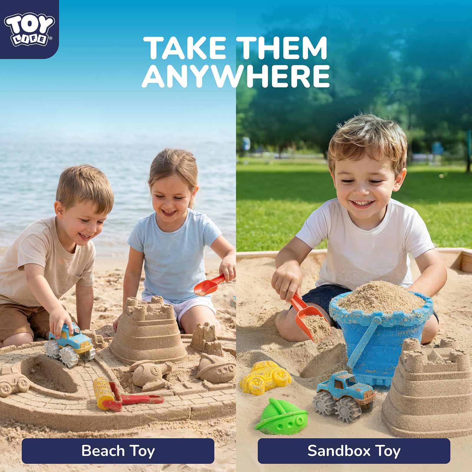 TOY Life Sandspielzeug-Set für Kinder, mit faltbarem Eimer, Transportformen, Auto, Straßenwalze, 2 Schaufeln, Netztasche