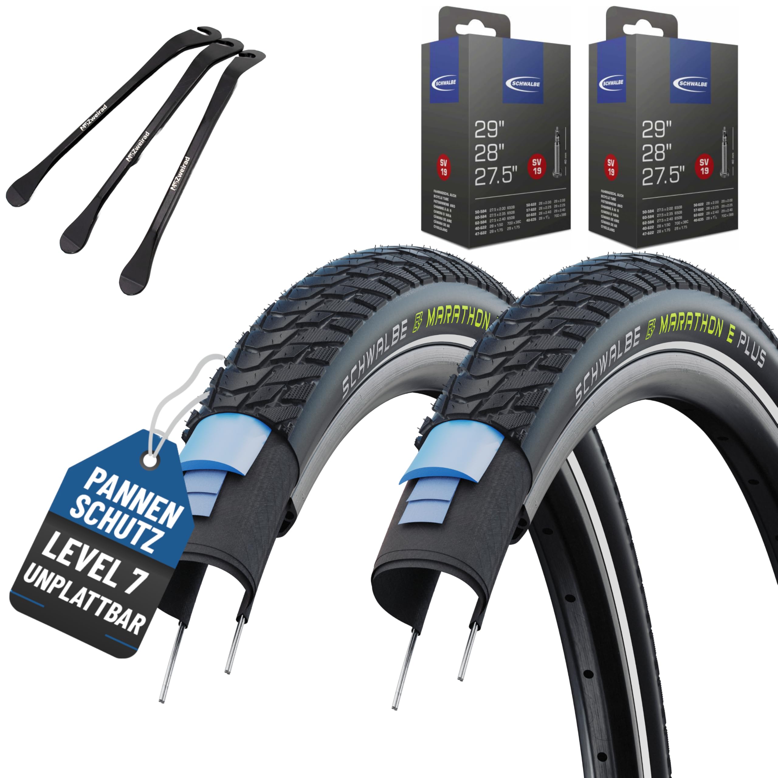 2er Set Schwalbe Reifen Marathon E Plus 28x1.75 (47-622) oder 28x2.00 (50-622) Reflex auswählbar mit wählbar Schläuchen + 3 MSZweirad Metall Reifenheber E Bike (SV Schläuche, 28x2.00 (50-622))