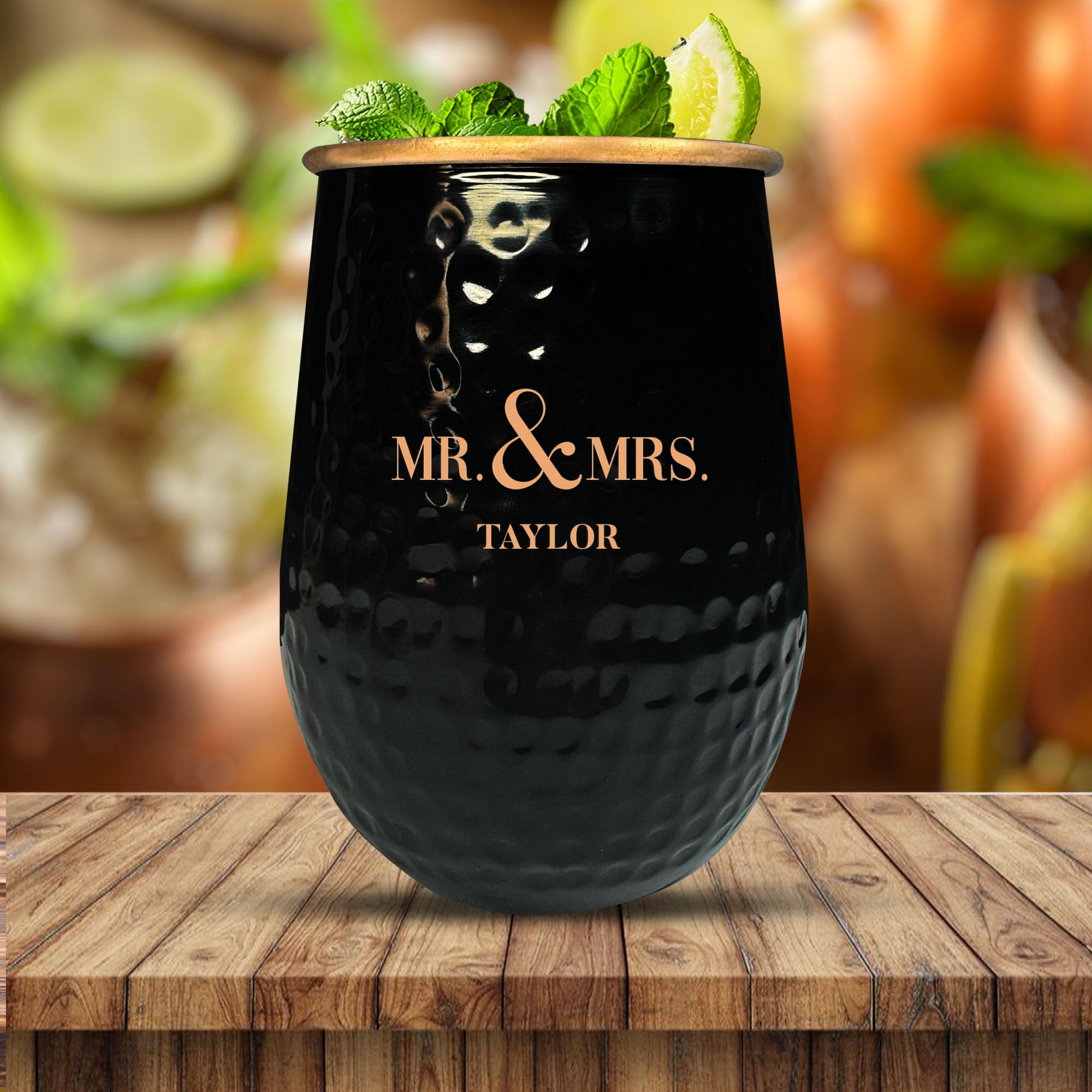 Custom The Grip Mule Pure Copper Moscow Mule Mug with Personalized Mr and Mrs Monogram Theme Engraving for the Palm of Your Hand | Cold Drinks Only | No Handle | 1 Cup | 18 Oz | Black
