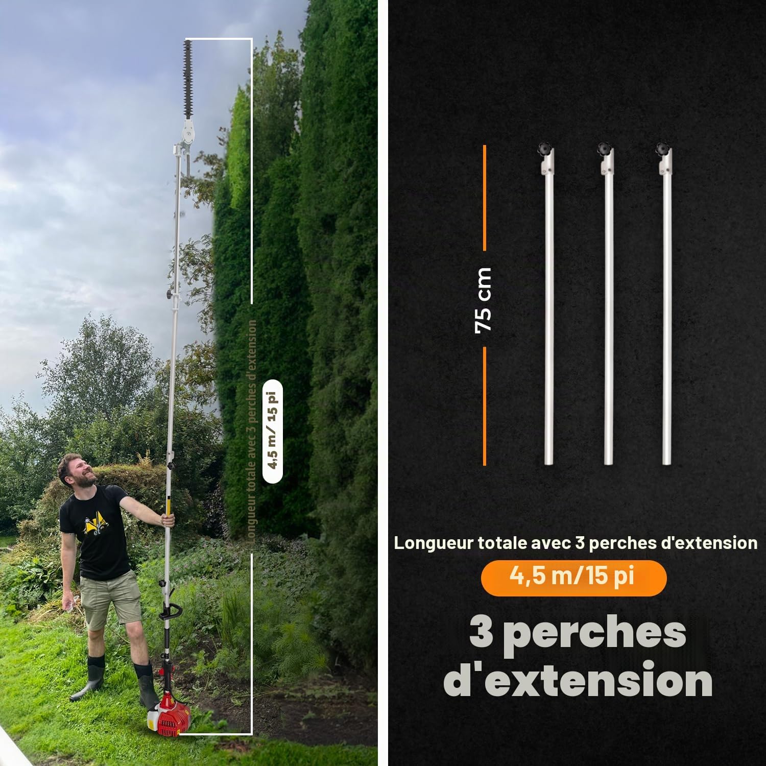 BU-KO 52cc Taille-haie et sécateur à Essence Longue portée avec Manche d'extension de 3 x 75 mm, Outil de Jardinage Ultime pour Couper de précision, Tailler Les Haies et Tailler avec facilité