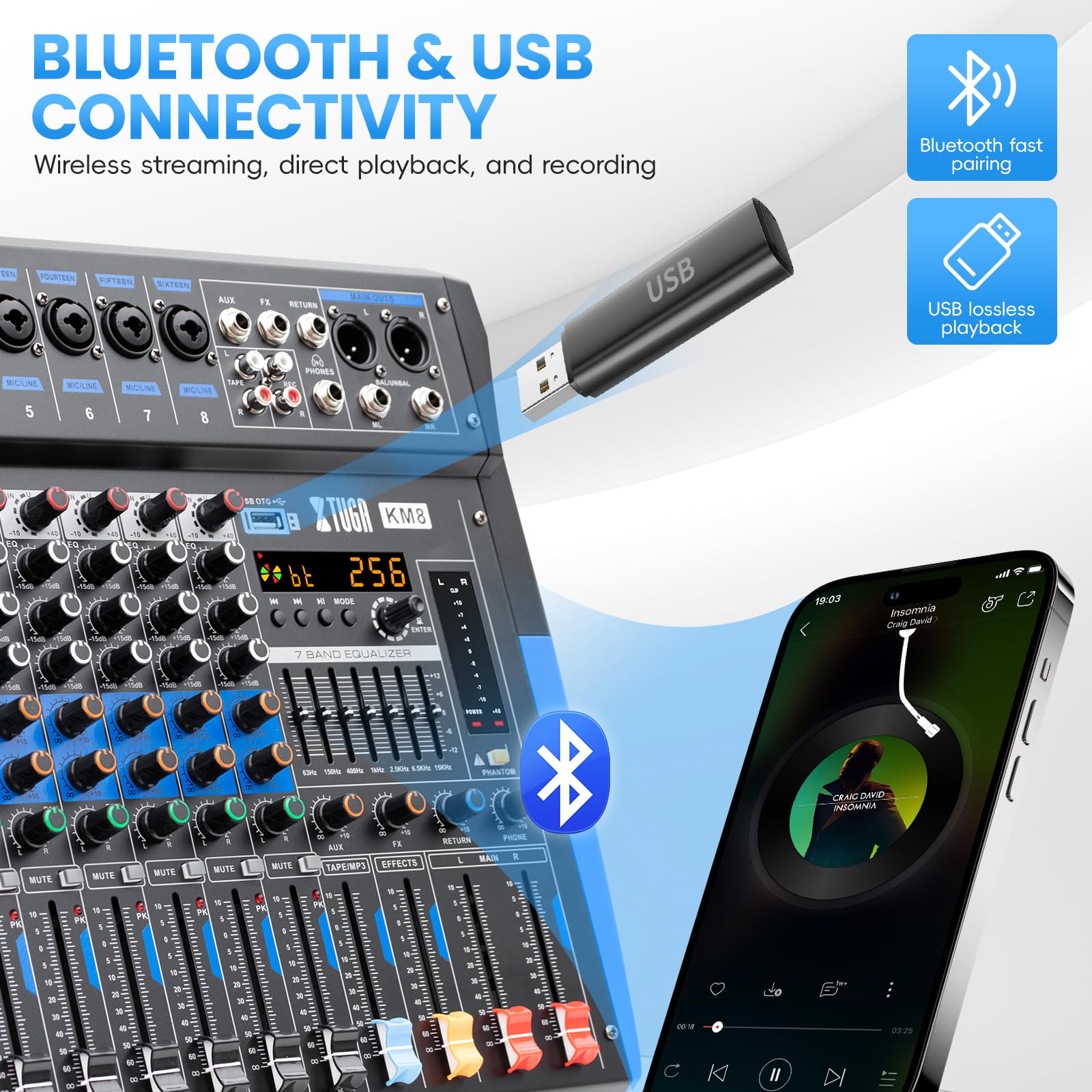 XTUGA KM8 - Mezclador de audio profesional de 8 canales, compatible con Bluetooth/USB/MP3, alimentación fantasma de 48 V, efecto DSP 256 para grabación de PC, karaoke, rendimiento de escenario
