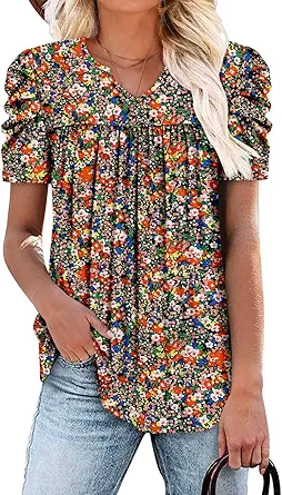 KISSMODA Tops for Womens Summer Cute Short Sleeve Shirts Trendy Notched Neck Blouses Casual Loose Pleated Tunics S-3Xl