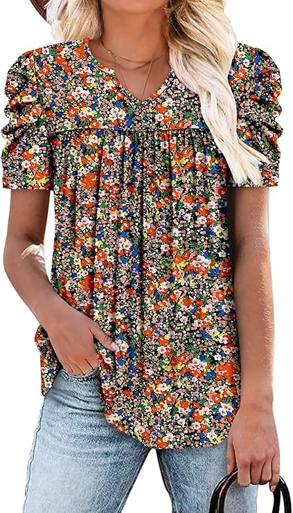 KISSMODA Tops for Womens Summer Cute Short Sleeve Shirts Trendy Notched Neck Blouses Casual Loose Pleated Tunics S-3Xl