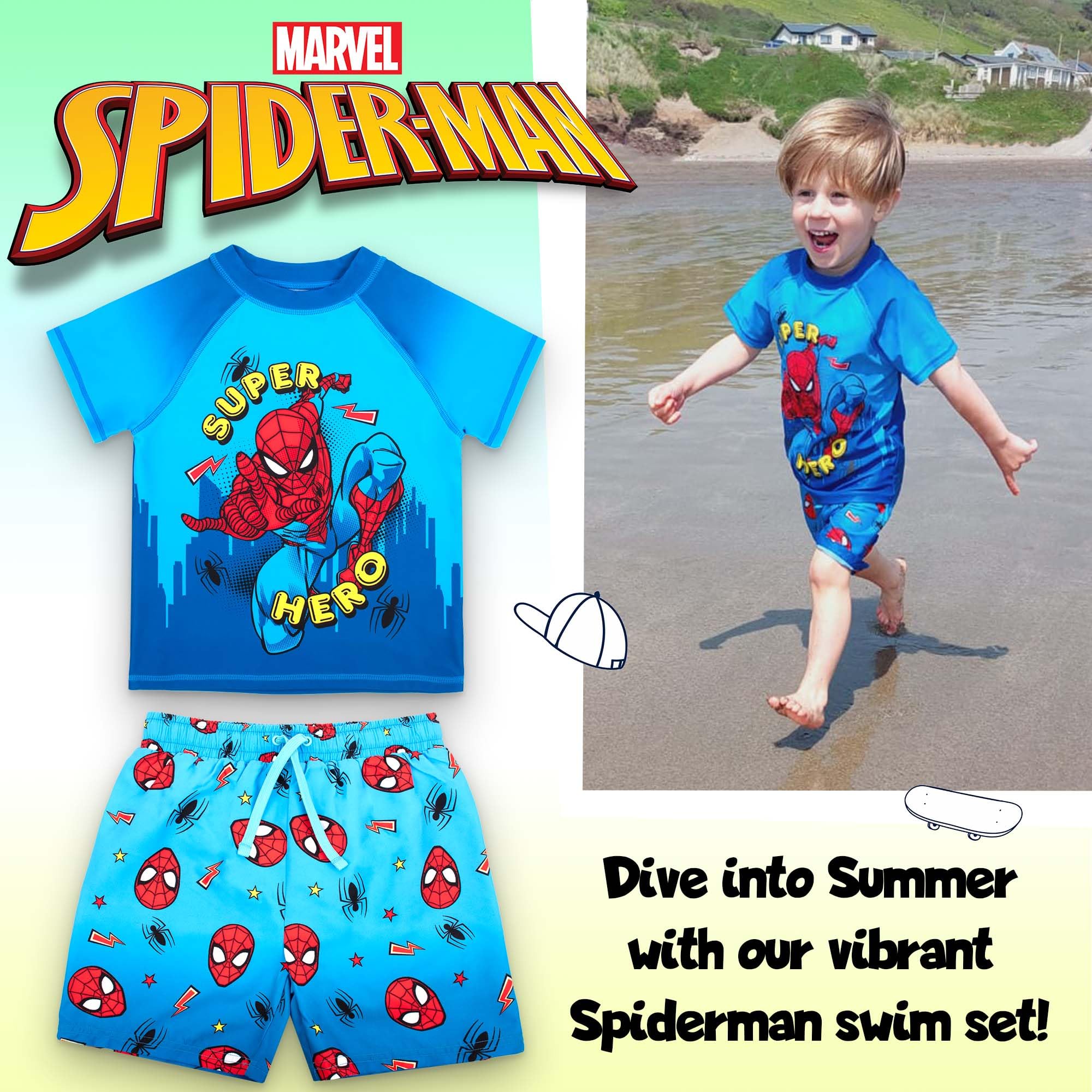 Marvel Spiderman Maillot de bain 2 pièces pour garçon avec short de bain et t-shirt Protection solaire UV 2-6 ans