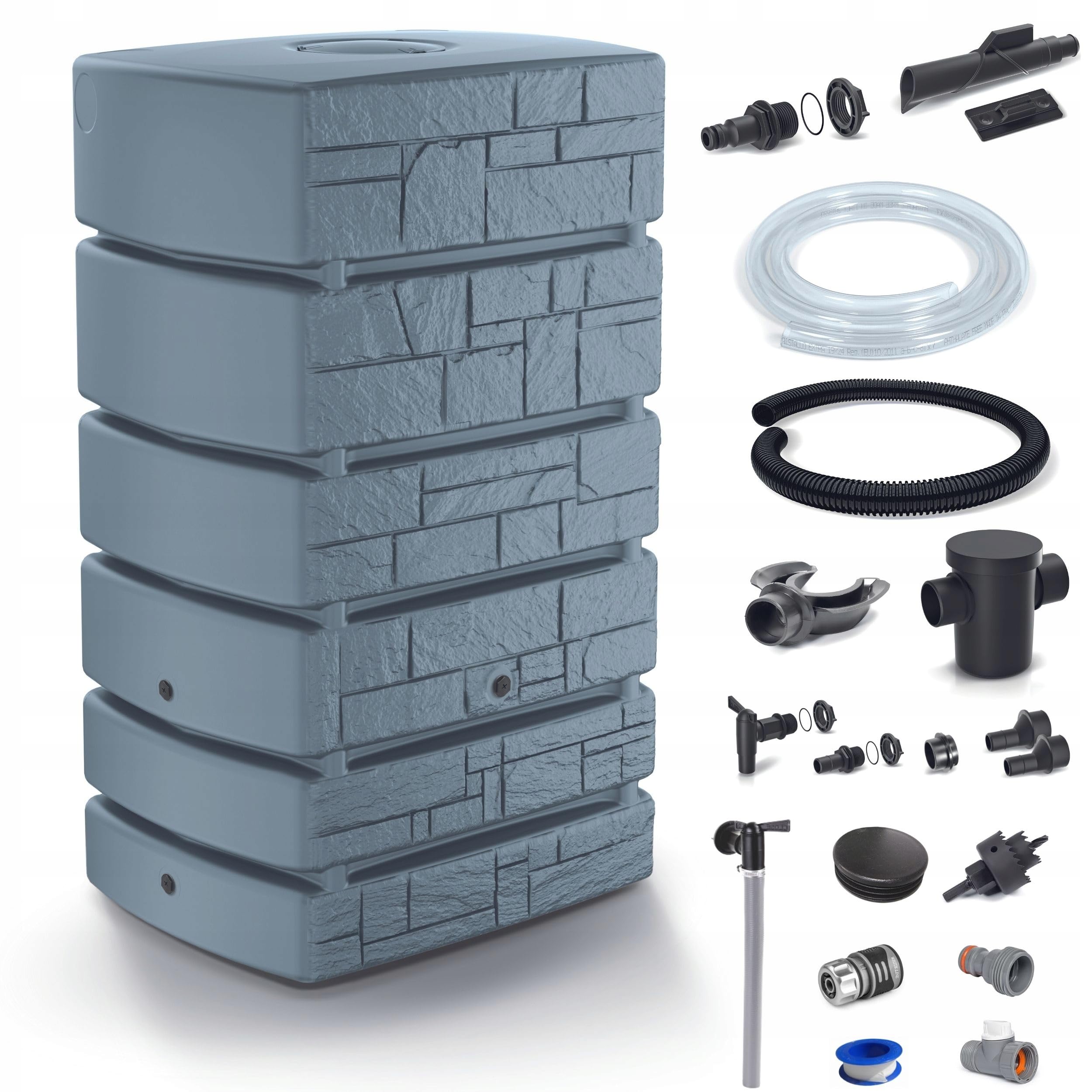 Tower Stone - Regentonne - Wassertank - Regenfass - Regenwassertonne mit Zubehör - Regenwassertank - Wassertonne, Wasserfass, Regenwasserspeicher 500l, Grau