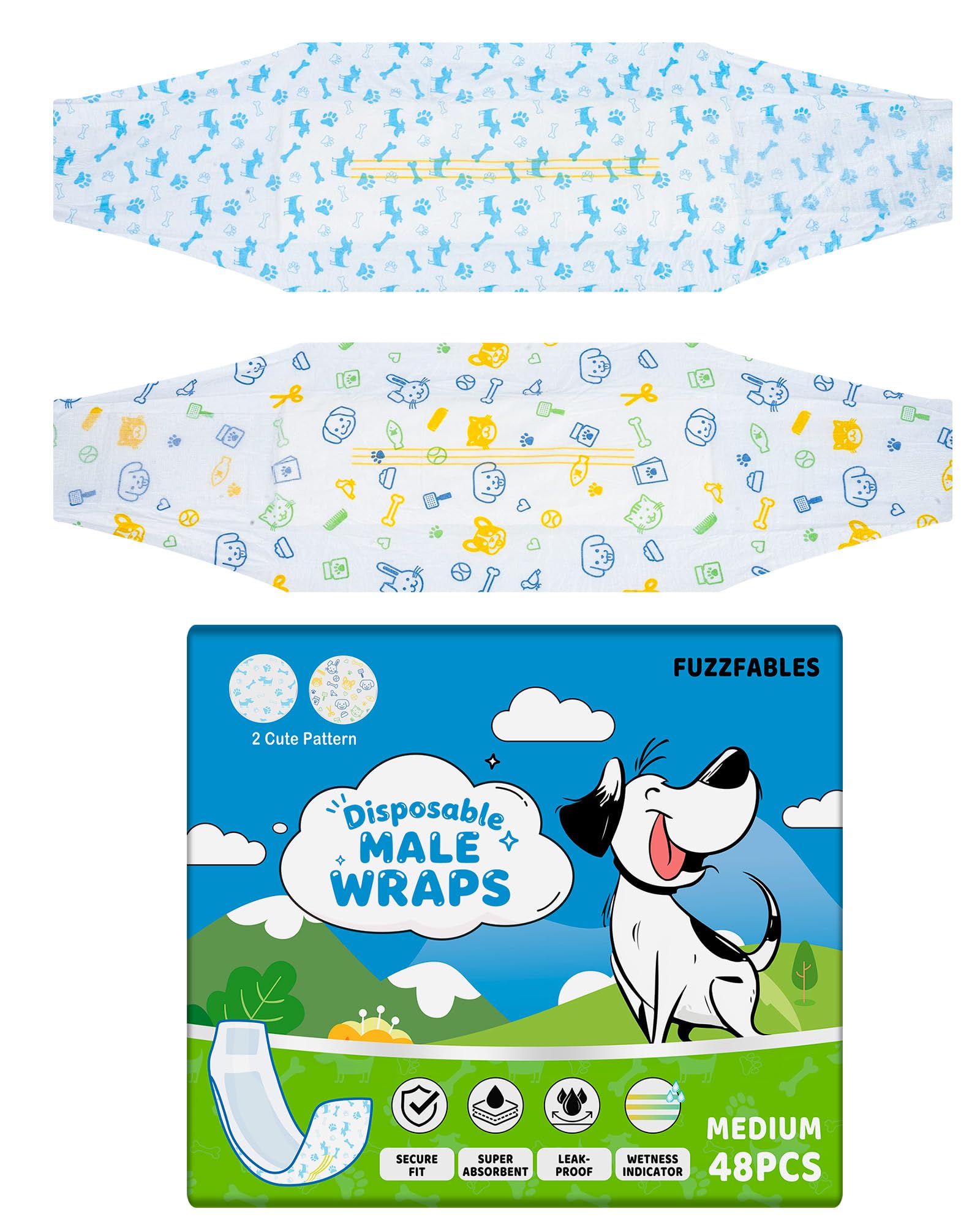 FuzzFables Disposable Male Dog Nappies, Belly Bands and Wraps, 48 Count, Super Absorbent, Leak-Proof and Adjustable Fit, Wetness Indicator, for Incontinence and Excitable Urination M