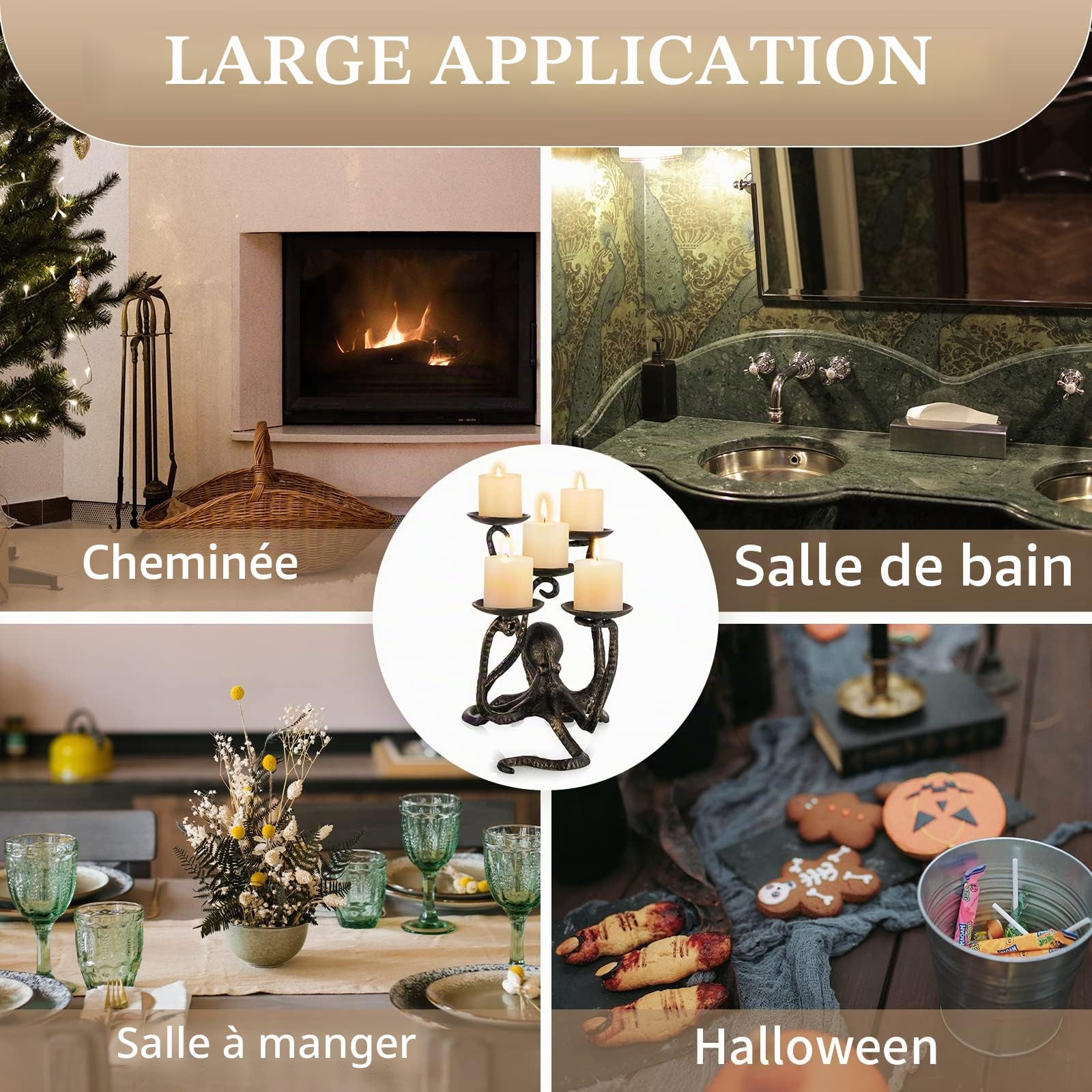 Sziqiqi Bougeoir Pieuvre pour 5 Bougies, Chandeliers Supports pour Bougies Chauffe-Plat Piliers en Fonte Figurine Gothique Candélabres Décorative Centre de Table pour Halloween Cheminée Décoration