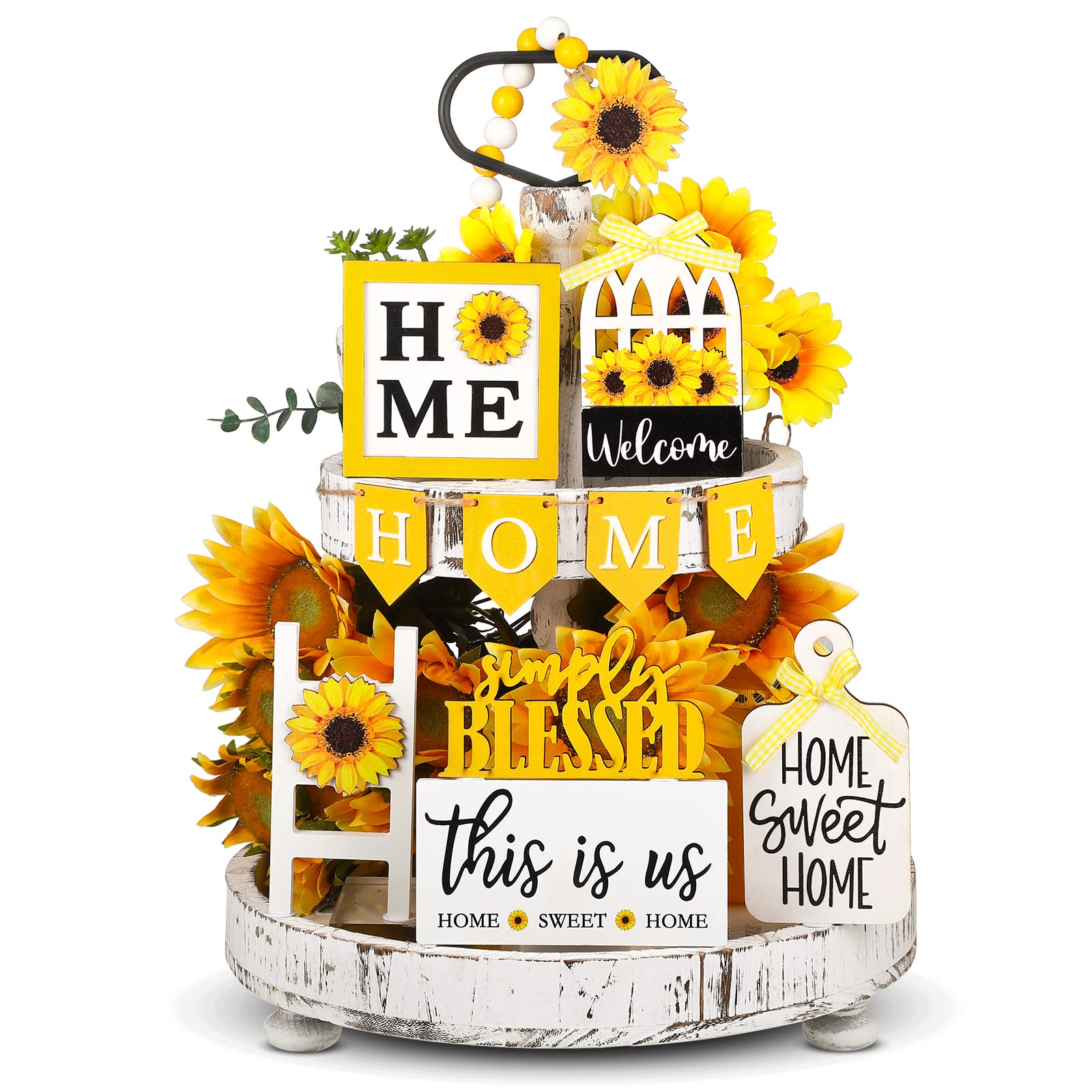 Set of 11 Sunflower Farmhouse Tiered Tray Decor Summer Rustic Home Tiered Tray Decorations Set Home Wooden Signs Sunflower Farmhouse Tabletop Wood Signs for Kitchen Table Shelf Decor