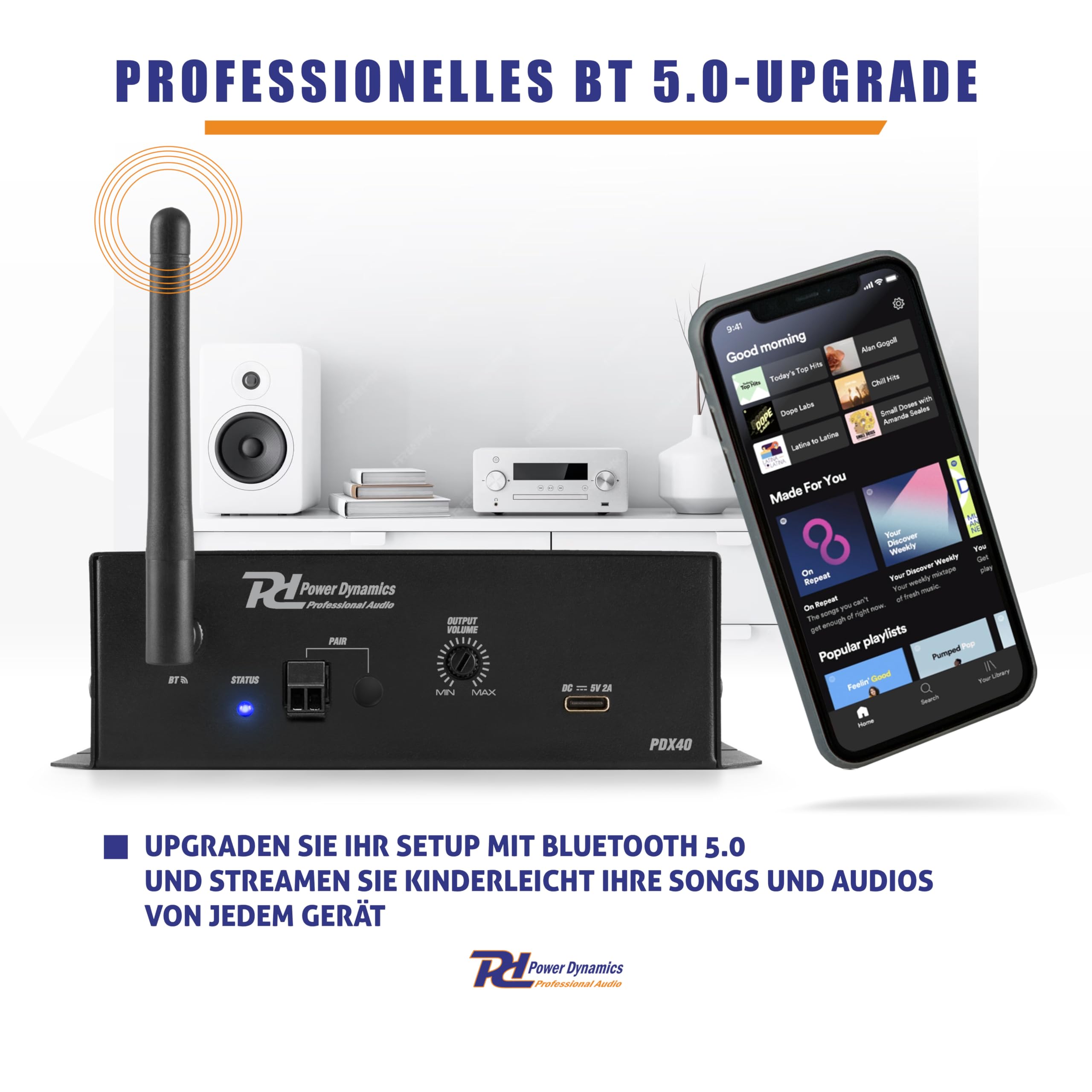 Power Dynamics PDX40 Bluetooth Empfänger für Stereoanlage, Drahtloser Audio Adapter - BT 5.0-Technologie, 30m Reichweite, 3-Pol XLR Out, 6,3 Klinke In, Bluetooth Empfänger - Schwarz