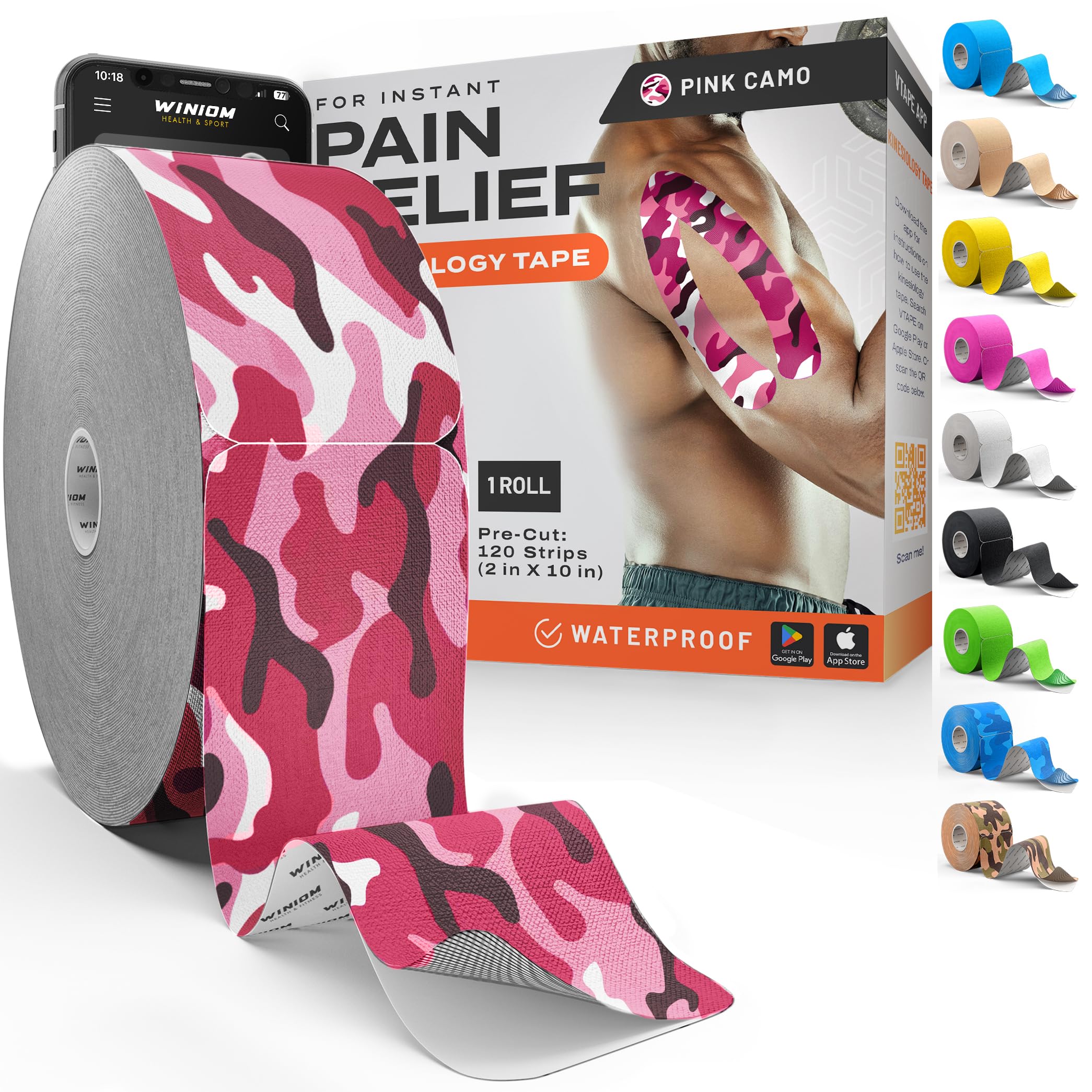 Kinesiology Tape - Waterproof Athletic Sports Tape for Knee, Shoulder, Arm &amp; Back Support | 3-5 Day Adhesion, Hypoallergenic &amp; Latex-Free + Taping Guide (Precut, 2"x100ft Roll, Wild Pink Camo)