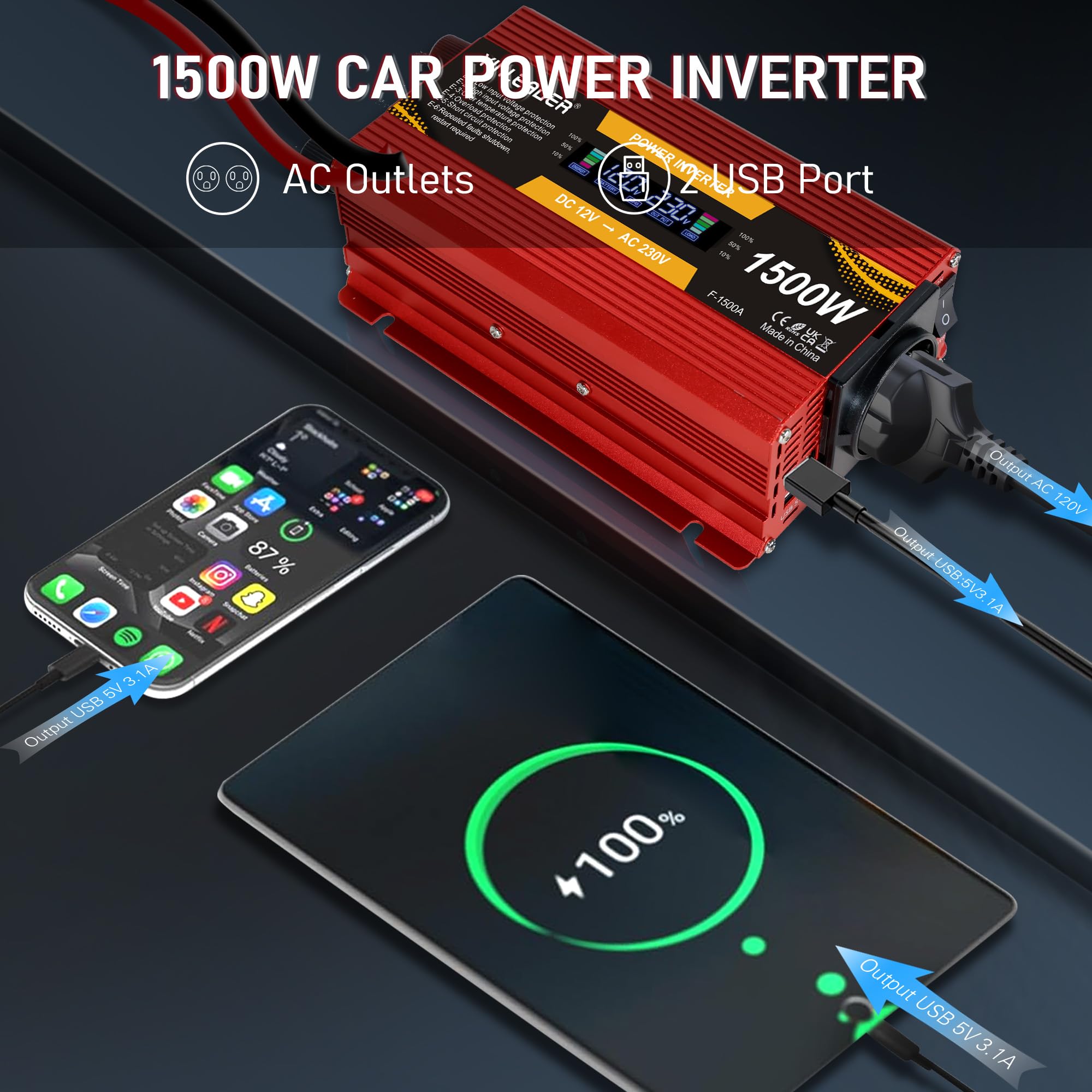 Convertidor de Voltaje 750 W/1500 W 12 V a 220 V/230 V Con LCD y 2 USB - Transformador de Voltaje