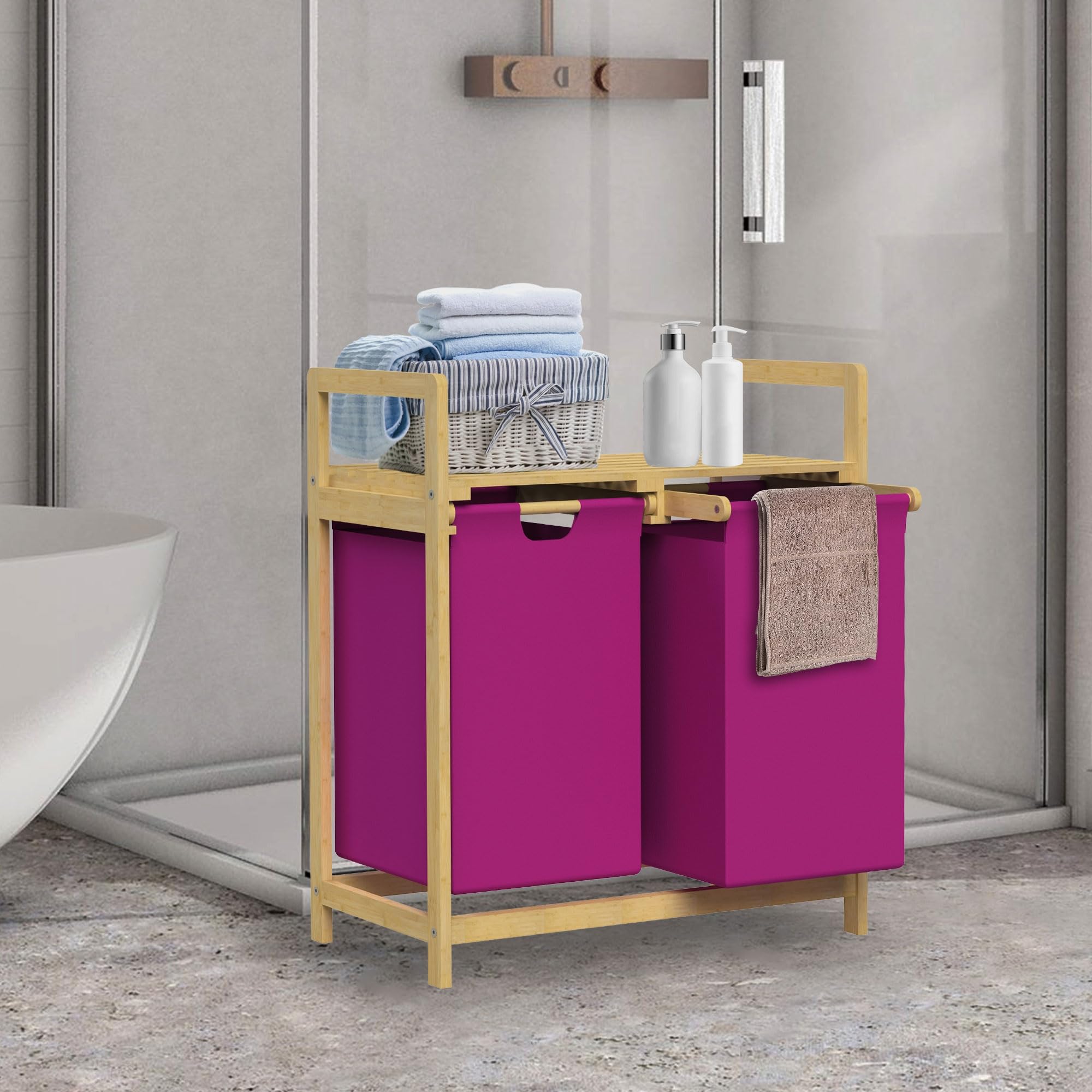 ML-Design Wäschekorb 2 Fächer, Bambus, Wäschesammler mit Ablage, Wäschesortierer 2x 30L, Wäschesäcken aus Oxford-Gewebe, ausziehbar/abnehmbar, Wäschebox mit Regal für Badezimmer & Waschküche, Magenta
