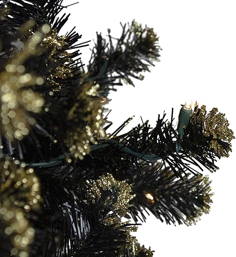 Miniatura 5 de Árbol de Navidad artificial de pino de cristal negro con purpurina dorada preiluminado, luces transparentes de 7.5 pies