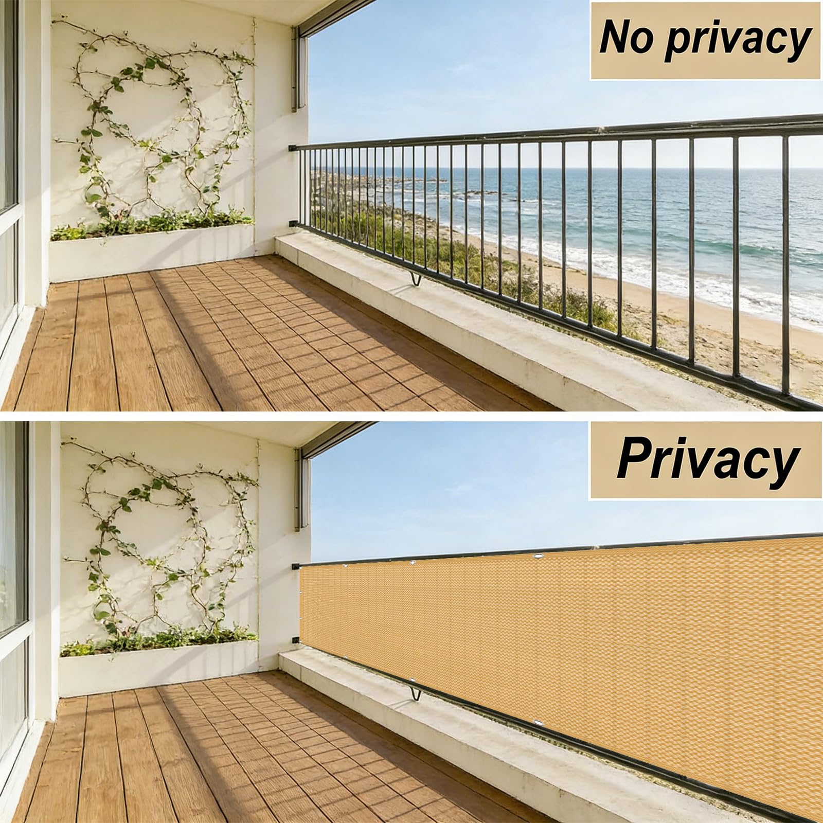 Telo Balcone 130 x 750 cm in HDPE 220G ㎡, Permeabile, Anti-Uv, Frangivento, Protezione Solare, Copertura Balcone Ringhiera con Fascette e Funi para Jardín Exterior, Giallo sabbia