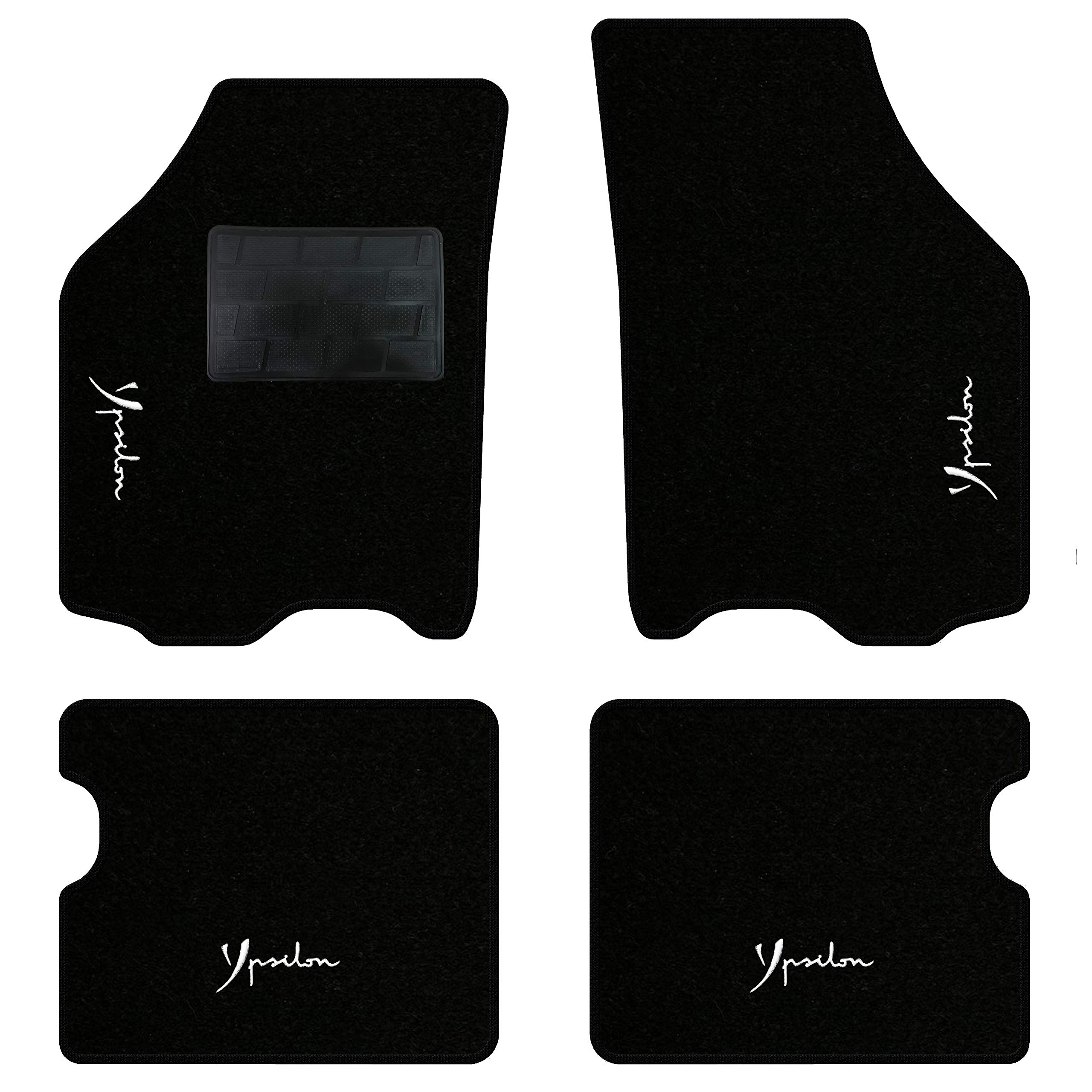 QUEMAR Tappetini Auto per Lancia Ypsilon 3 porte, Bordo Nero, 4 Ricami | 2003-2011 / Kit Tappeti Moquette e Gomma su Misura / Set 2 Anteriori + 2 Posteriori / Ricami e Colori Personalizzati