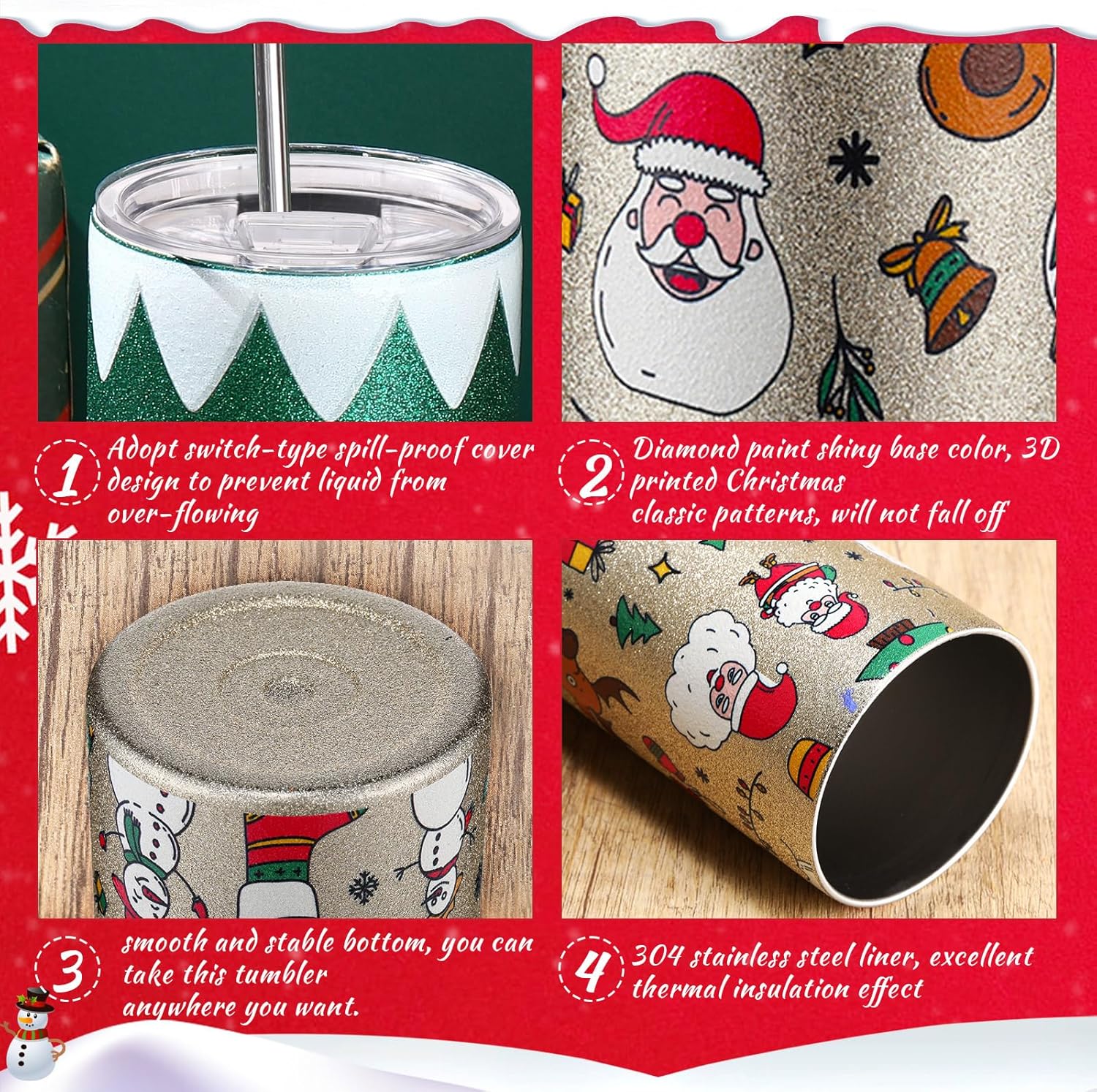 Sliner 6 Pcs Christmas Tumblers Set 20 oz Glitter Christmas Stainless Steel Travel Coffee Mugs with Lids Straws and Brushes Xmas Party Gifts Favors for Women Men Coworker - Image 3