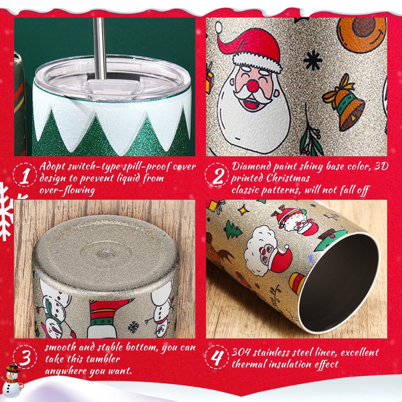 Sliner 6 Stück 590 ml Weihnachtsbecher gerade Edelstahl Skinny Tumbler Bulk Shiny Glitter Cup mit Deckel Strohhalme und Bürsten für Weihnachtsgeschenk Freunde Familie Kinder