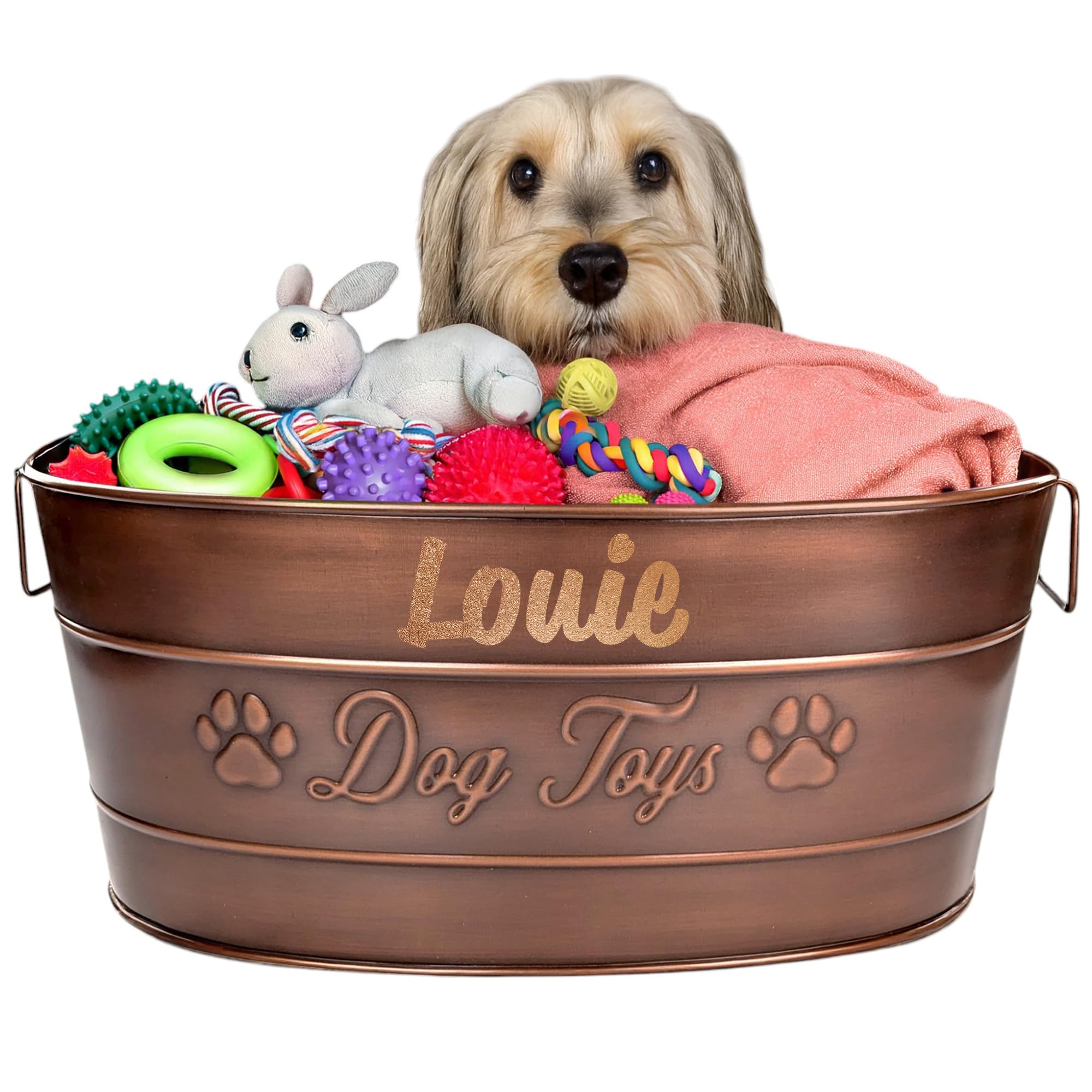 BREKX Personalized Metal Dog Toy Bin - Copper Galvanized Storage Bin with Handles, Basket for Pet Toys, Dog Toy Box, Pet Storage - Custom Dog Name