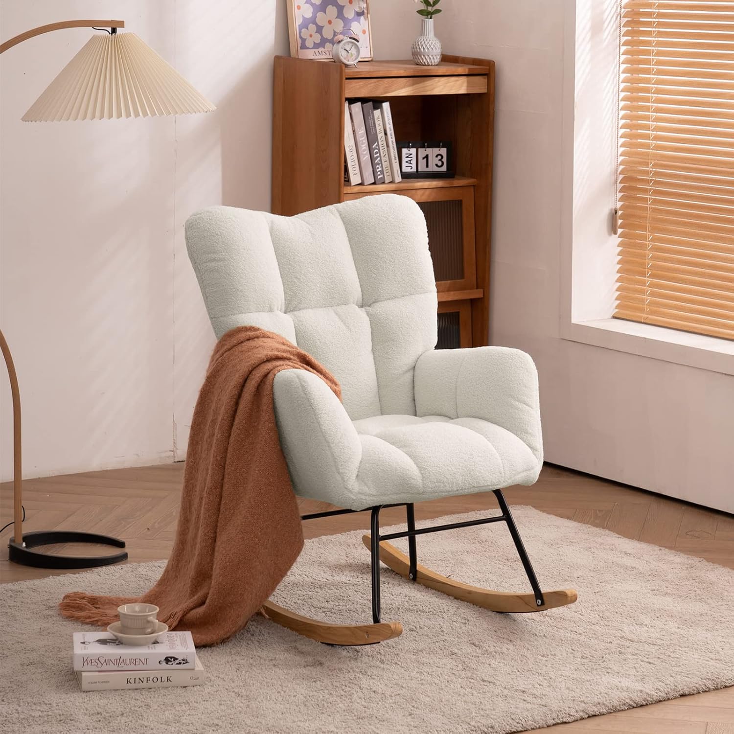 KINFFICT Teddy Velvet Rocking Accent Chair, Uplostered Glider Rocker Armchair for Nursery, Comfy Side Chair for Living Room, Bedroom (Ivory+Teddy Fabric) : Home & Kitchen