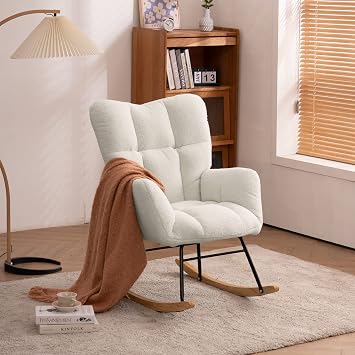 Teddy Velvet Rocking Accent Chair, Uplostered Glider Rocker Armchair for Nursery, Comfy Side Chair for Living Room, Bedroom Beige+Teddy Fabric