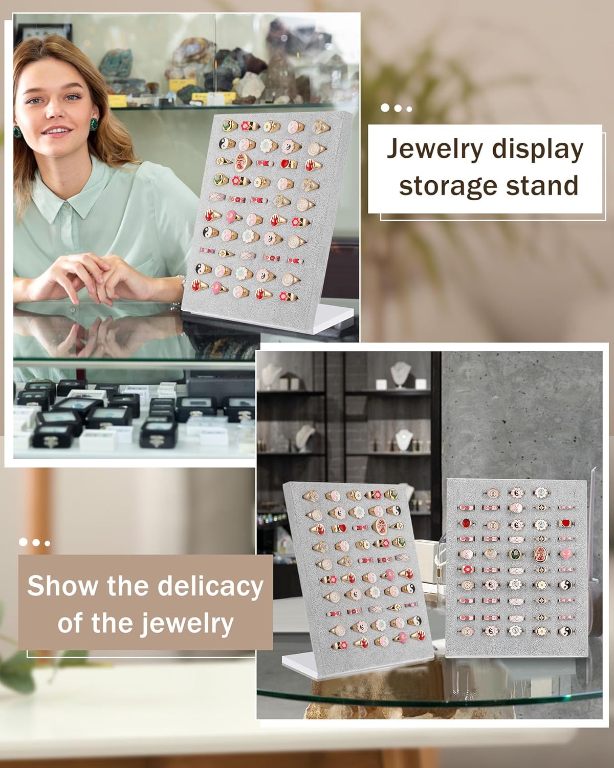 Henoyso 4 Pcs Velvet Ring Display 50 Slots L-Shaped Ring Display Stand Tray Holder for Selling Earring Jewelry