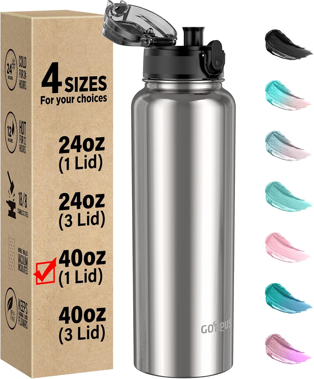GOPPUS 40 oz Insulated Water Bottle With Spout Lid