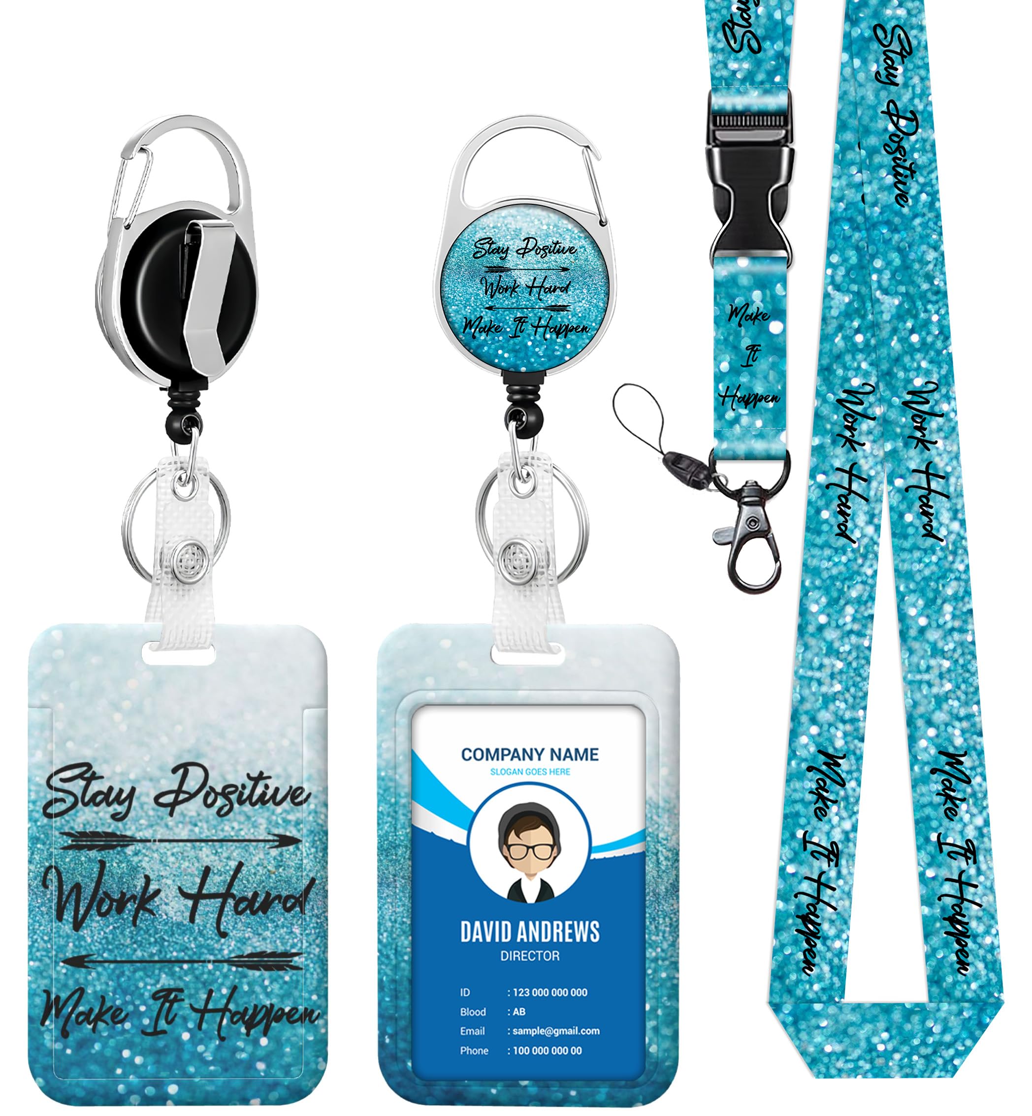 Jsikemd Blue Fresh Inspirational Quote Lanyards for ID Badges Positive Badge Reel Retractable Badge Holder with Lanyard for Teacher Women Kids Work Hard, San Francisco — image 1