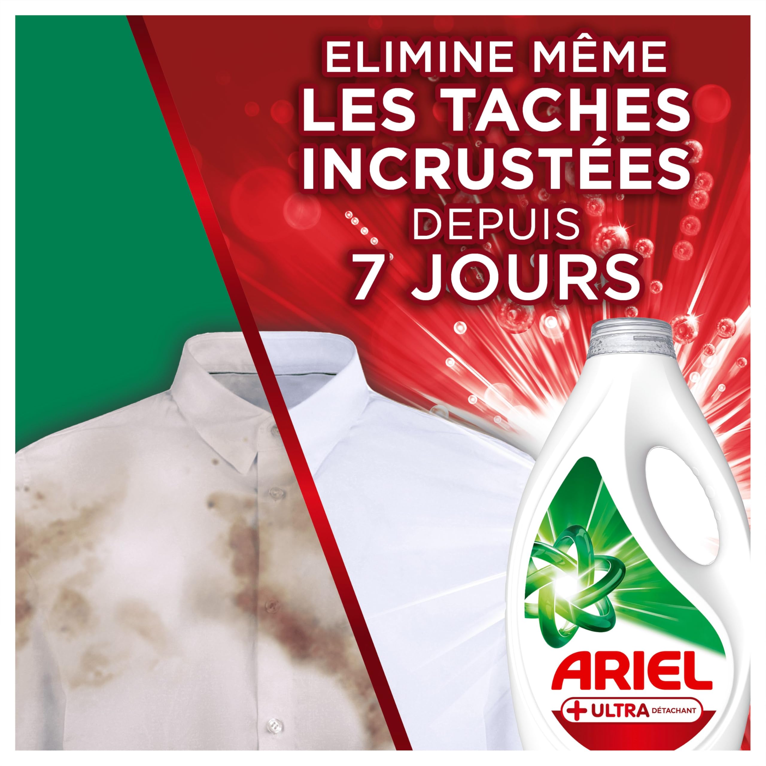 Ariel +Ultra Détachant Lessive Liquide, 35 Lavages, Élimine Même les Tâches Incrustées Depuis 7 Jours, Impeccable Même à Froid, Fabriqué en France