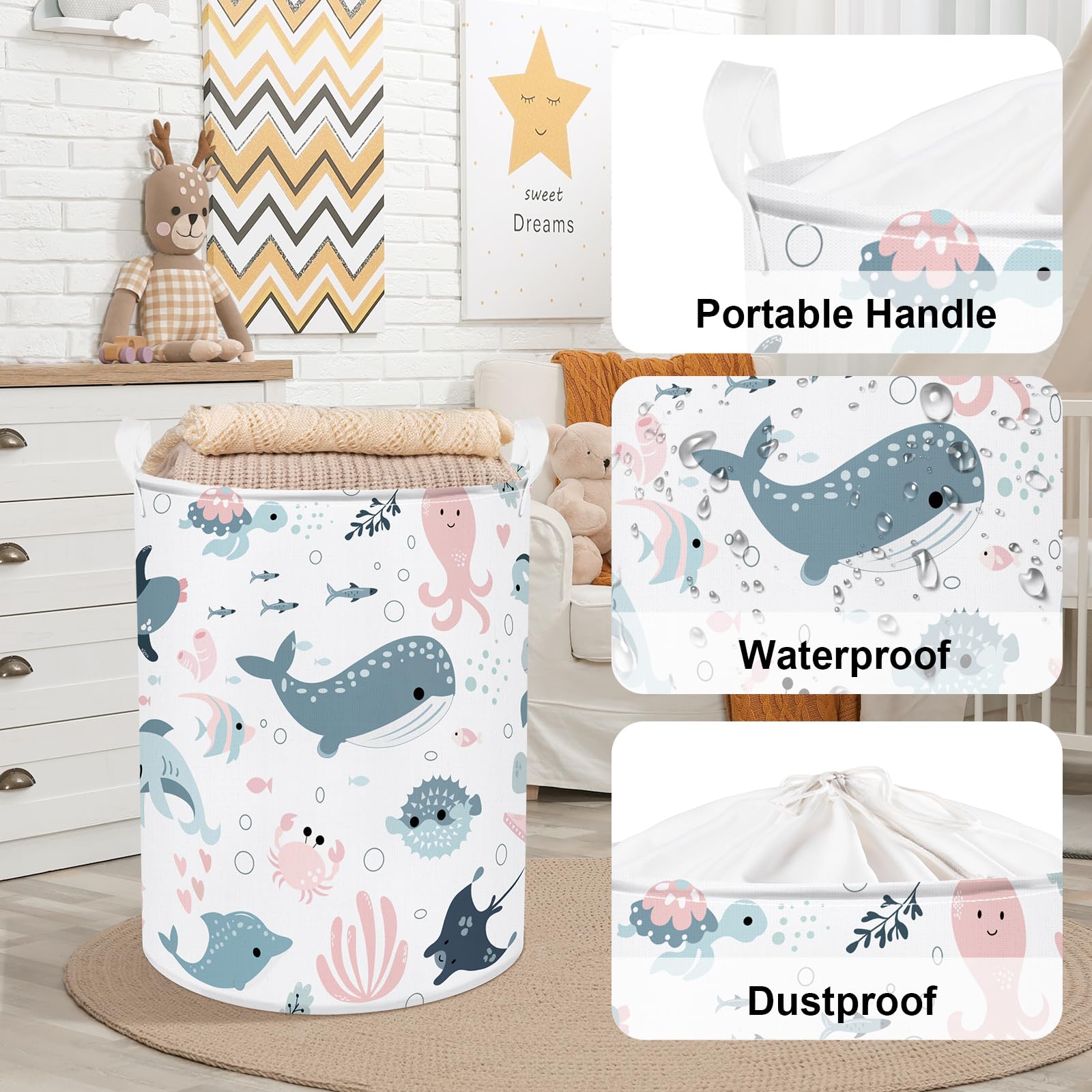 ONOEV Foldable Round Laundry Basket With Handle - Waterproof Shark Design For Toys & Clothes - View #5
