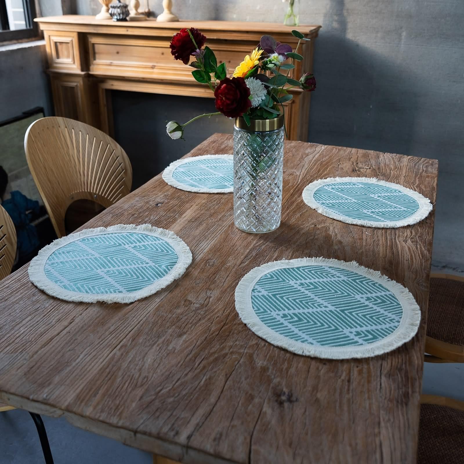 Platzsets XXL 6er Set, Tischunterlage Esstisch Schön 38cm Wellenstreifenmuster mit Quaste Polyester Baumwolle Grün Beige