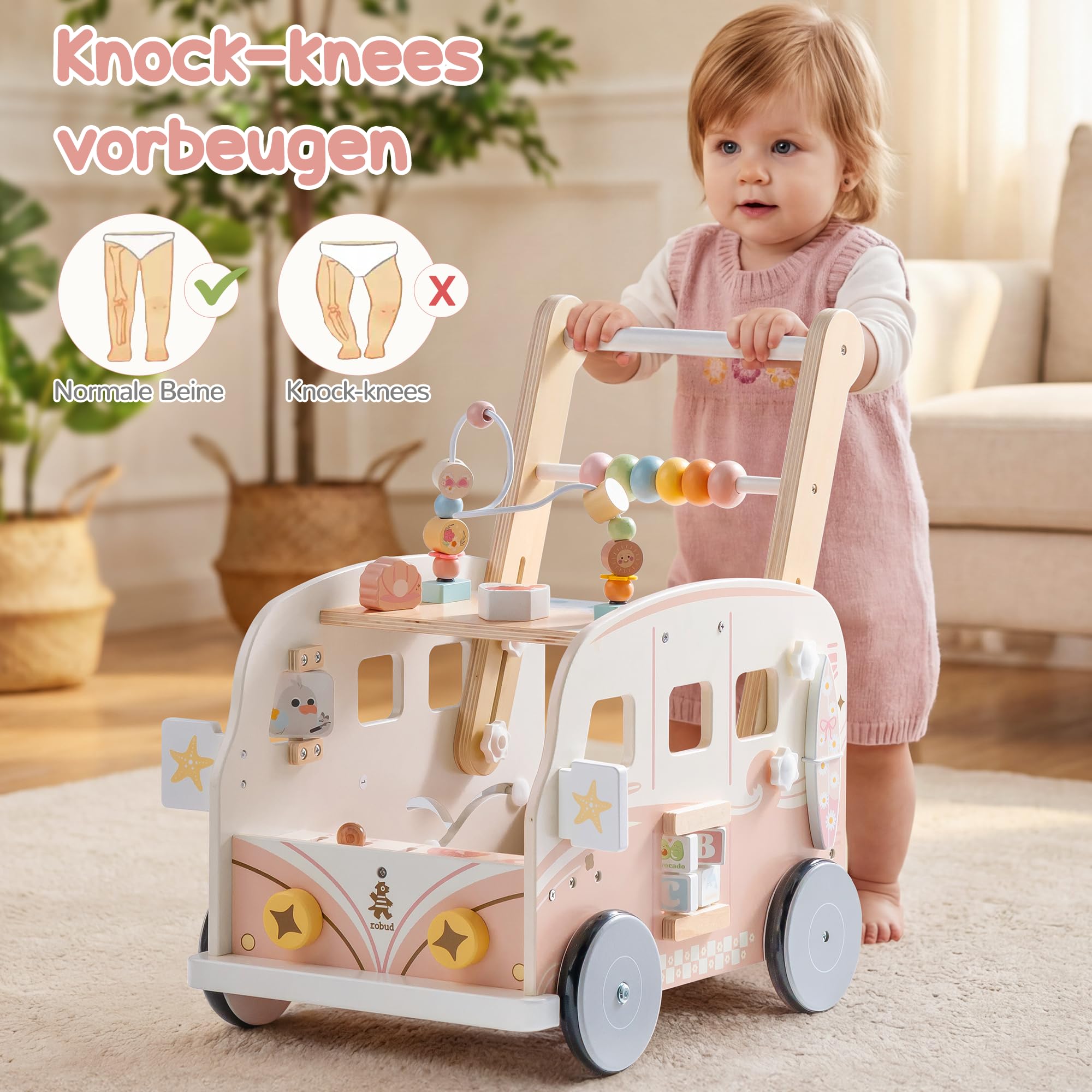 ROBUD Baby Lauflernhilfe Holz, Interaktiver Lauflernwagen, Einstellbare Geschwindigkeit & Höhe Baby Walker, Motorikspielzeug Geschenk für Kleinkinder ab 10 Monaten-1-2 Jahren (Rosa)