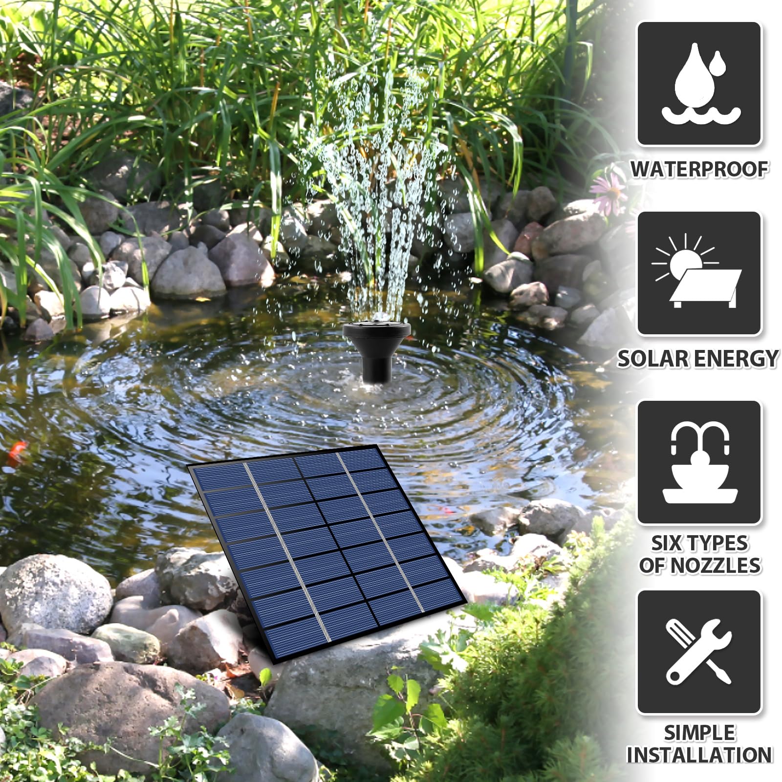 Solar Fountain with 8 Nozzles, Portable Solar Power Water Pump Panel Kit Multipurpose Solar Pond Pump Outdoor Solar Water Fountain Pump for Bird Bath, Garden, Pond, Pool, Outdoor