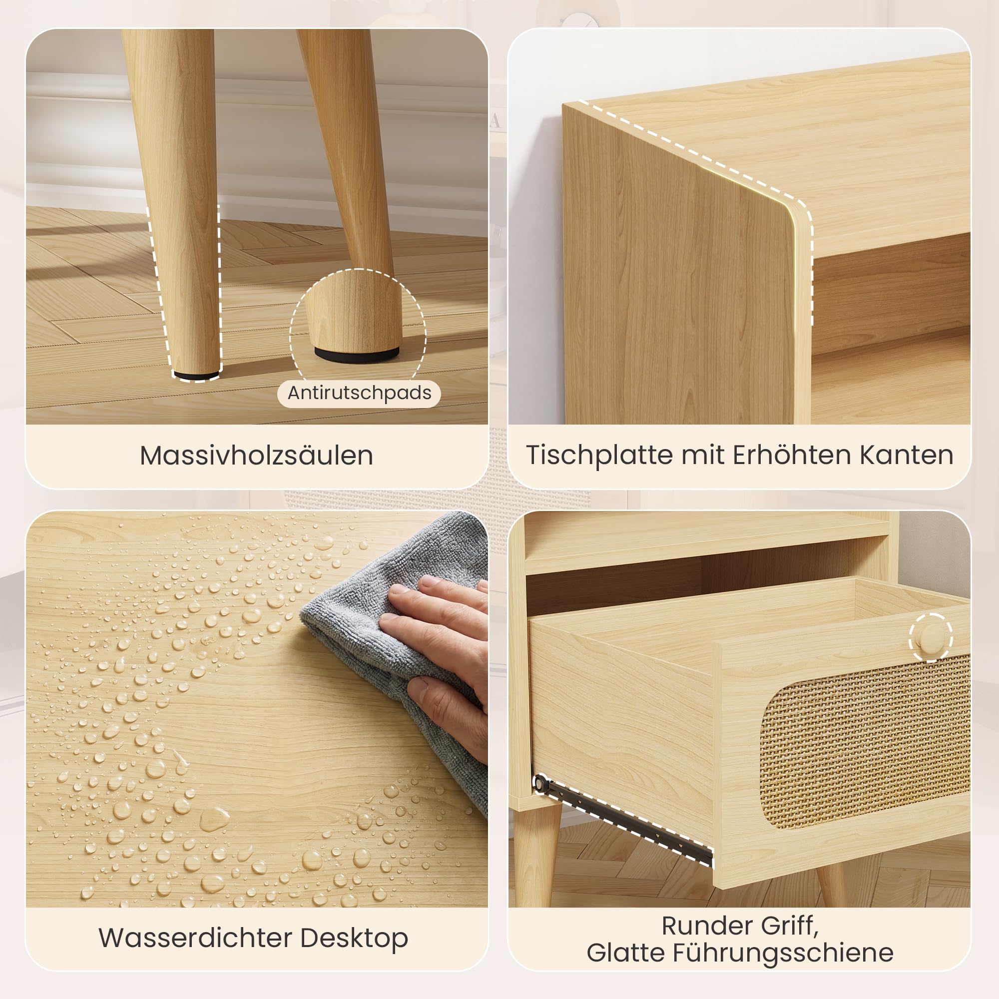 YOUDENOVA Nachttisch Holz 2er Set, Kleine Nachtschrank mit Schublade und offenem Fach, Beistelltisch Couchtisch für Wohnzimmer, Schlafzimmer, 40 x 30 x 57,5 cm Landhaus Boho Stil, Natur