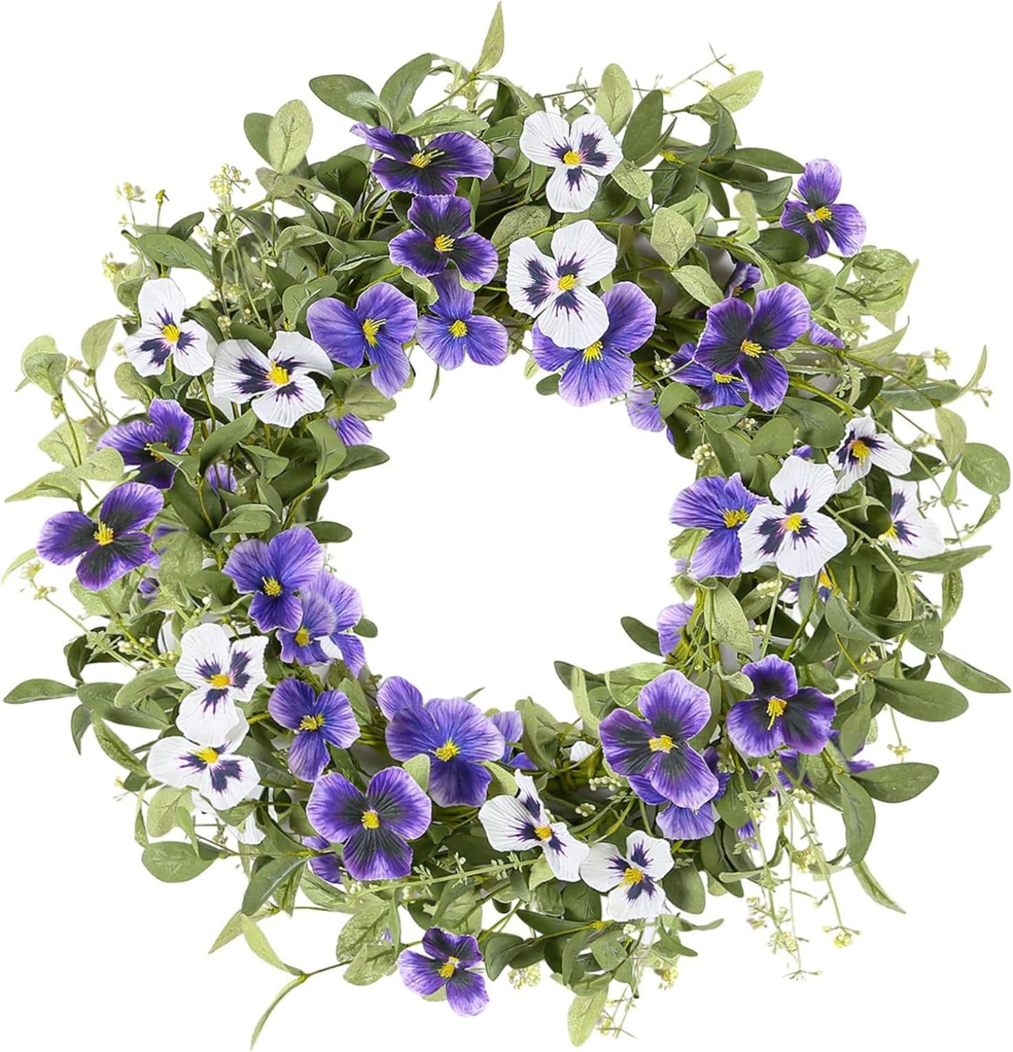 Otbushit 18 Inch Spring Summer Front Door Wreath, Artificial Floral Wreath with Eucalyptus and Pansies for Farmhouse Wall Window Home Decor