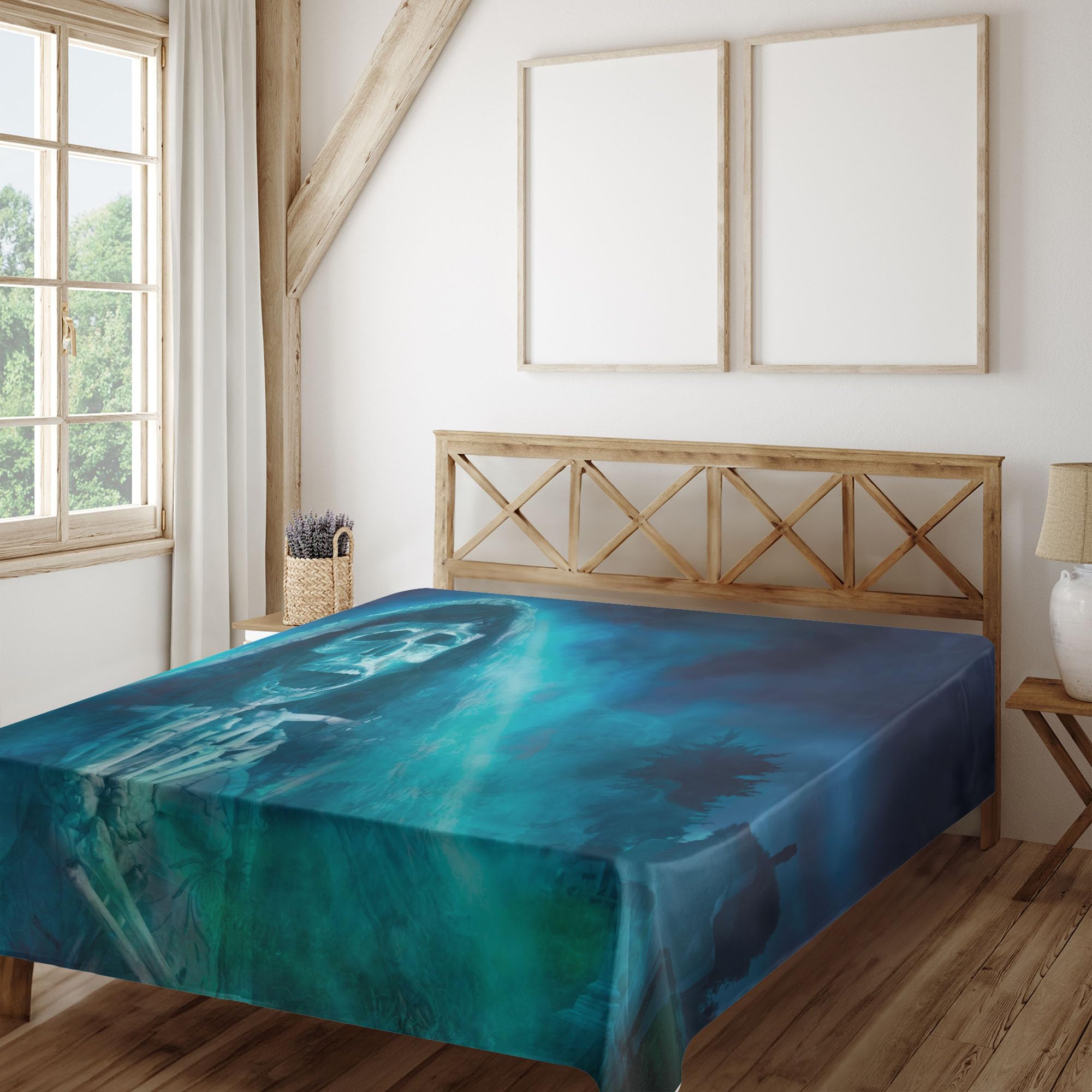 Ambesonne Halloween Flat Sheet, Gothic Dark Backdrop a Dead Ghost Skull Mystical Haunted Horror Themed Digital Art, Soft Comfortable Top Sheet Decorative Bedding 1 Piece, California King, Blue