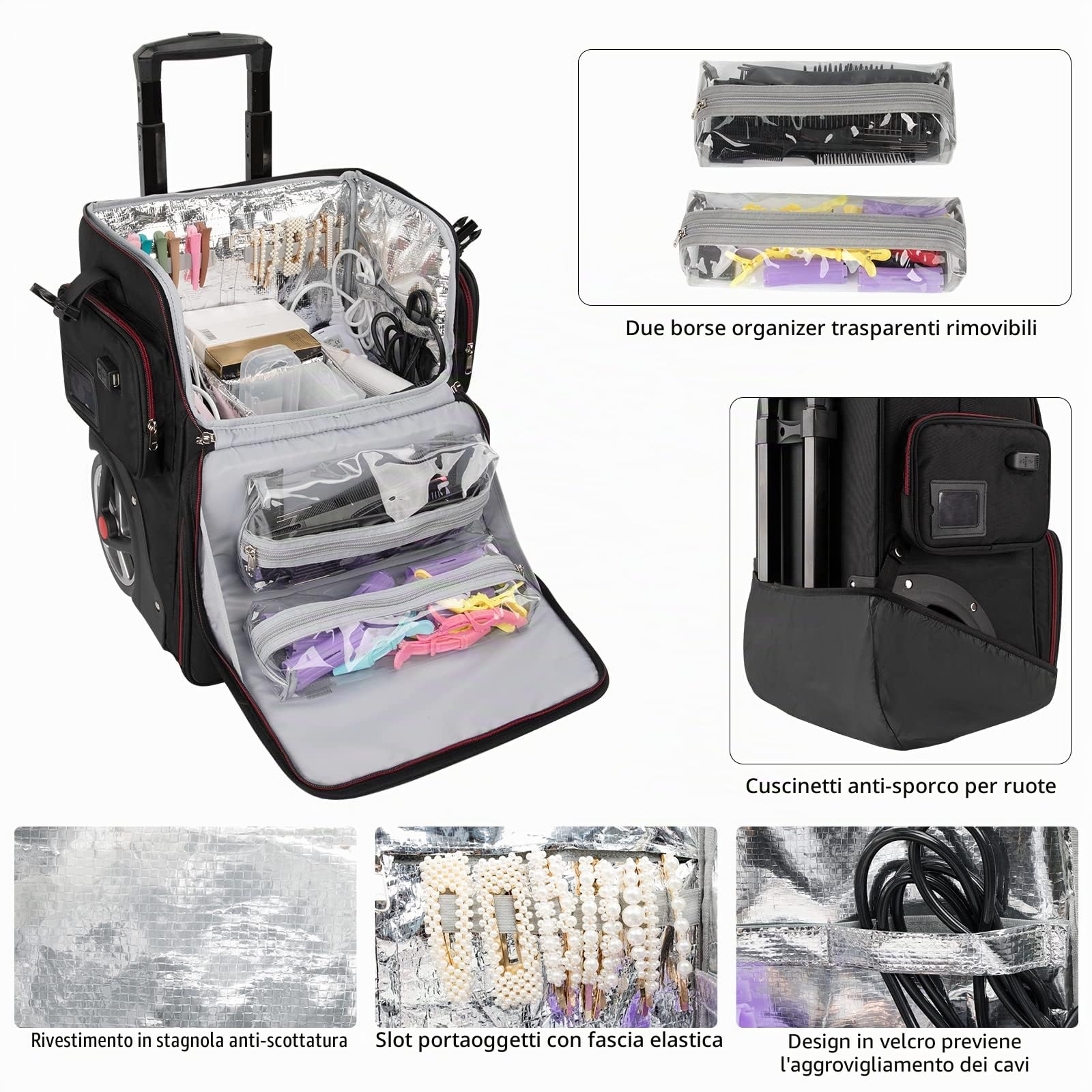 Grande valigetta cosmetica, custodia cosmetica per parrucchiere, borsa organizer per parrucchiere, isolamento termico, anti-scottatura, trolley con ruote, 1 trolley, Trolley per cosmetici extra grande
