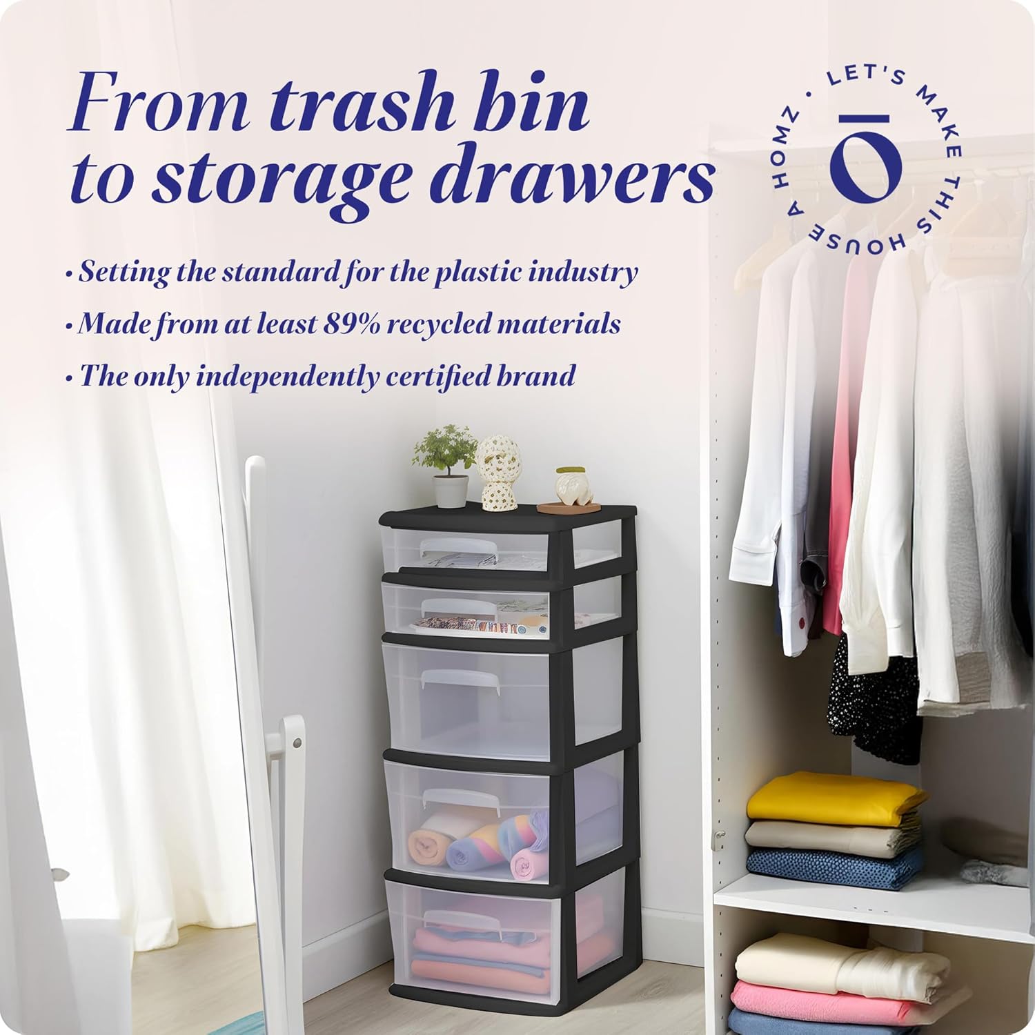 HOMZ Drawer Tower, 5-Tier Clear Plastic Storage Organizer Unit, Black Frame - Multi-Purpose Container Drawers for Bedroom, Bathroom, and Office Organization - Image 8