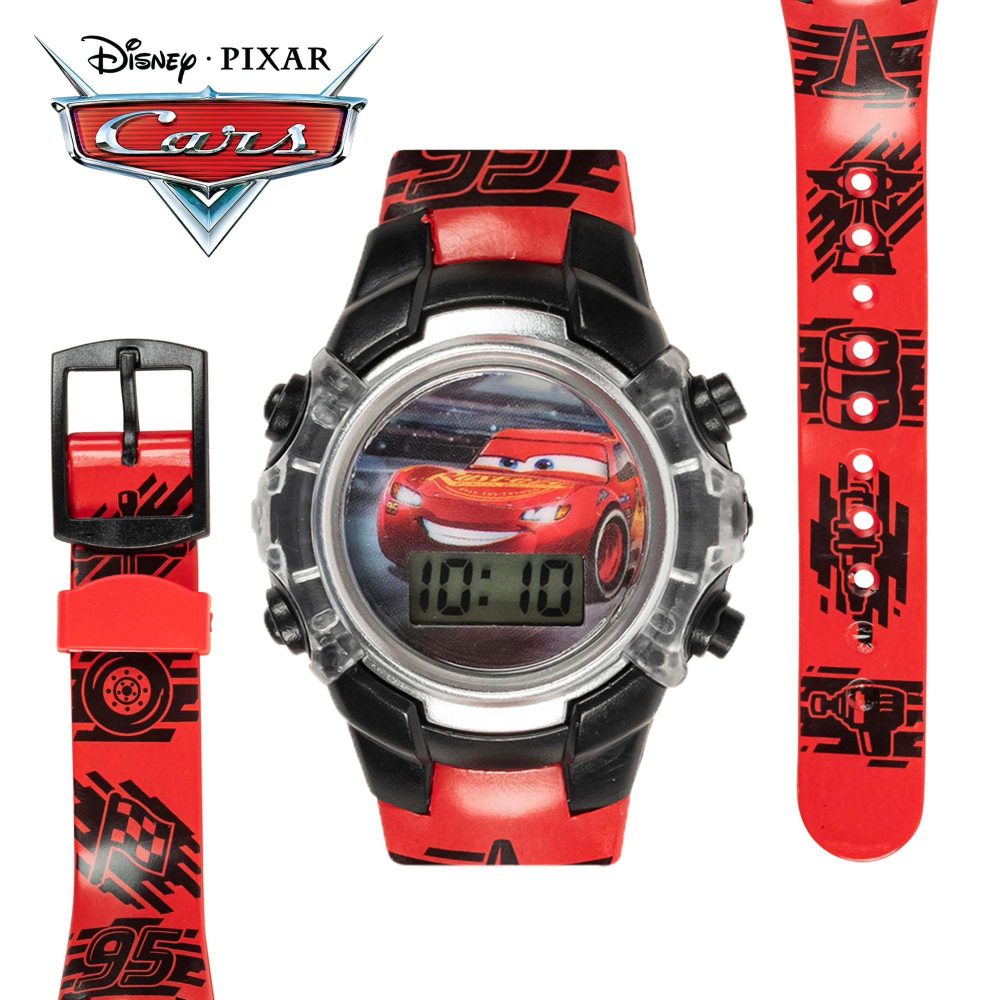 Disney Pixar Cars - Orologio per bambini con quadrante lampeggiante, display LCD, cinturino in plastica regolabile, perfetto per ragazzi e ragazze, Rosso, Automobili