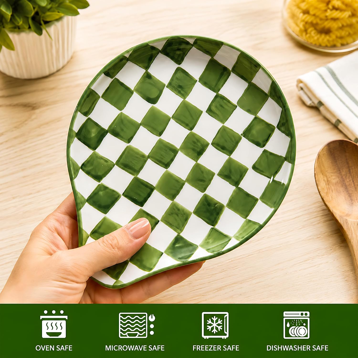 Ceramic Spoon Rest for Stove Top, Spoon Holder for Counter, Green Checkered