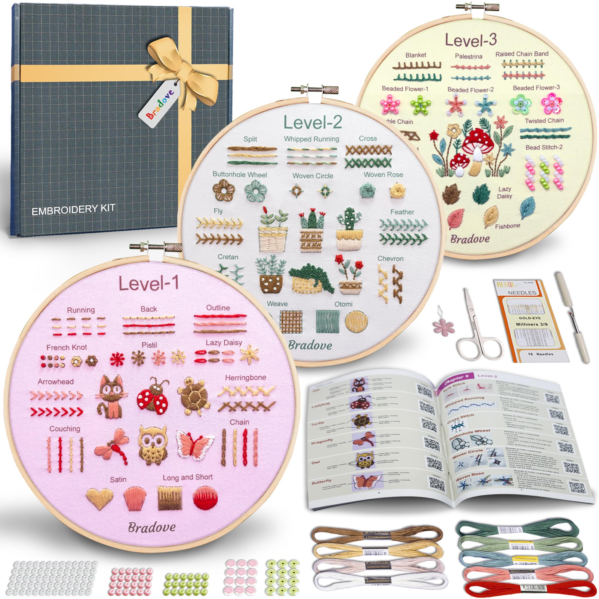 Bradove Beginner Embroidery Kit for Adults Kids, Learn to Embroider 37 Stitches and 13 Cute Patterns, Stitches Kit, Bead Embroidery Kit, Beginner Embroidery Practice