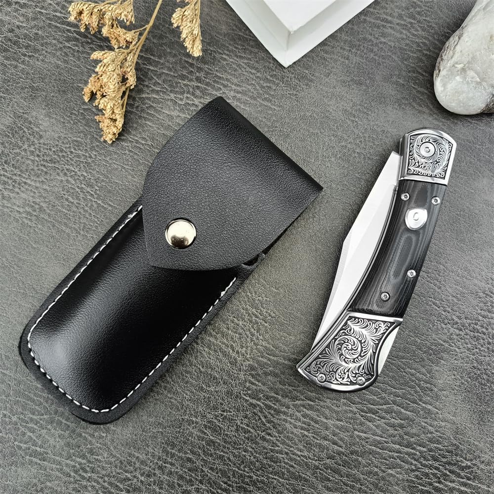 HUAAO Manually Operated Button-Lock Knife Folding Knife，D2 Steel Blade，Micarta Handle with Leather Sheath，EDC Camping Pocket Knives for Men (black)