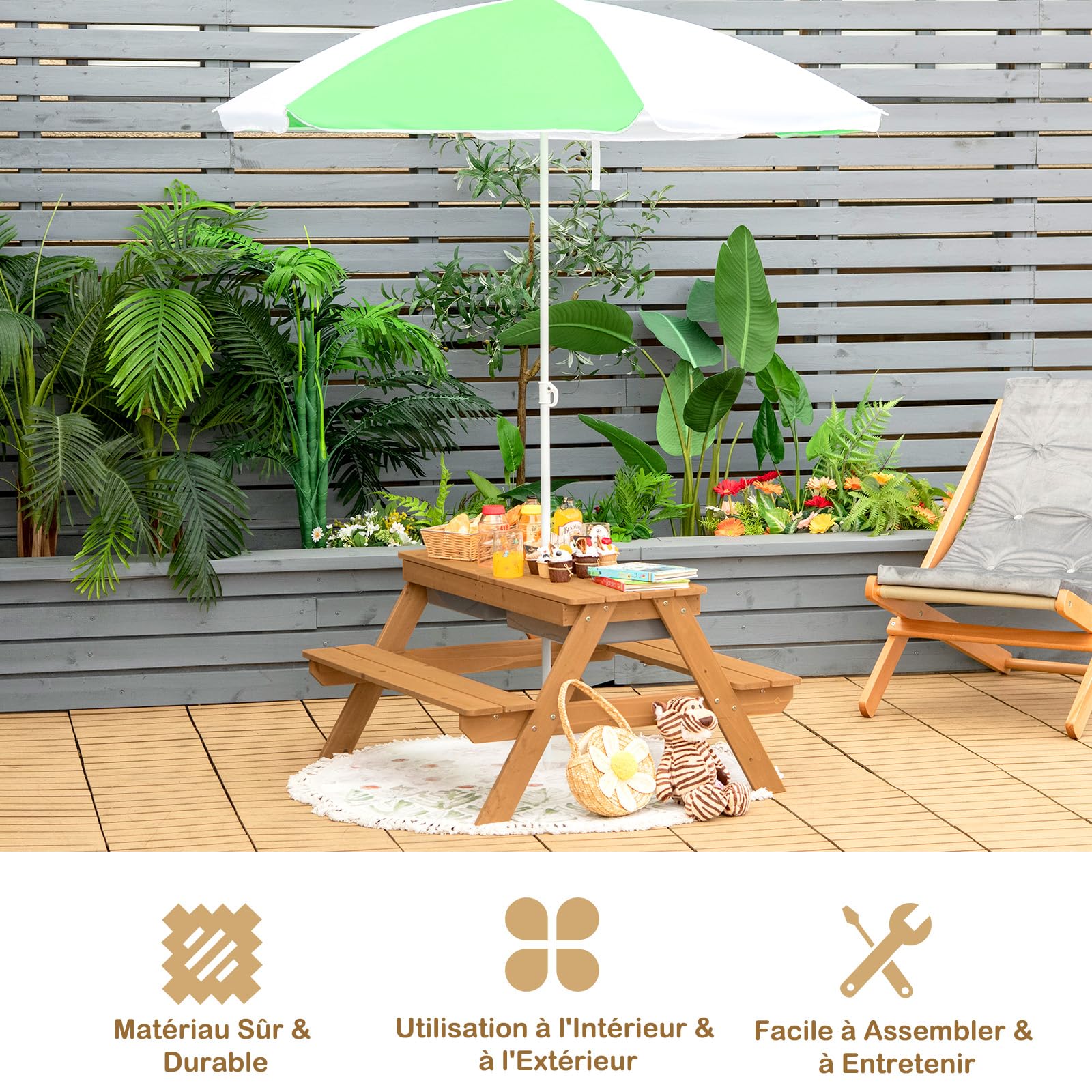 DREAMADE 3 en 1 Table de Pique-Nique Enfants 3-7Ans avec Parasol,Table de Camping et Bancs Pliable&Amovible,Plateau Détachable pour Jardin,Terrasse,Cadeau pour Garçons et Filles (Blanc+Vert)