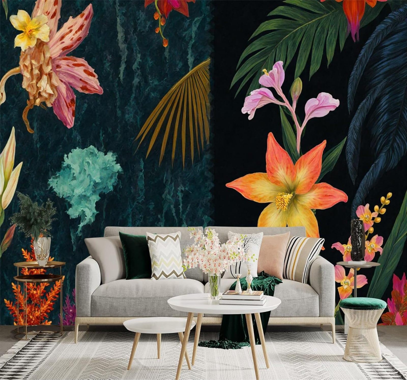 Papier peint 3D soie tropicale pour masquer les défauts des grands murs
