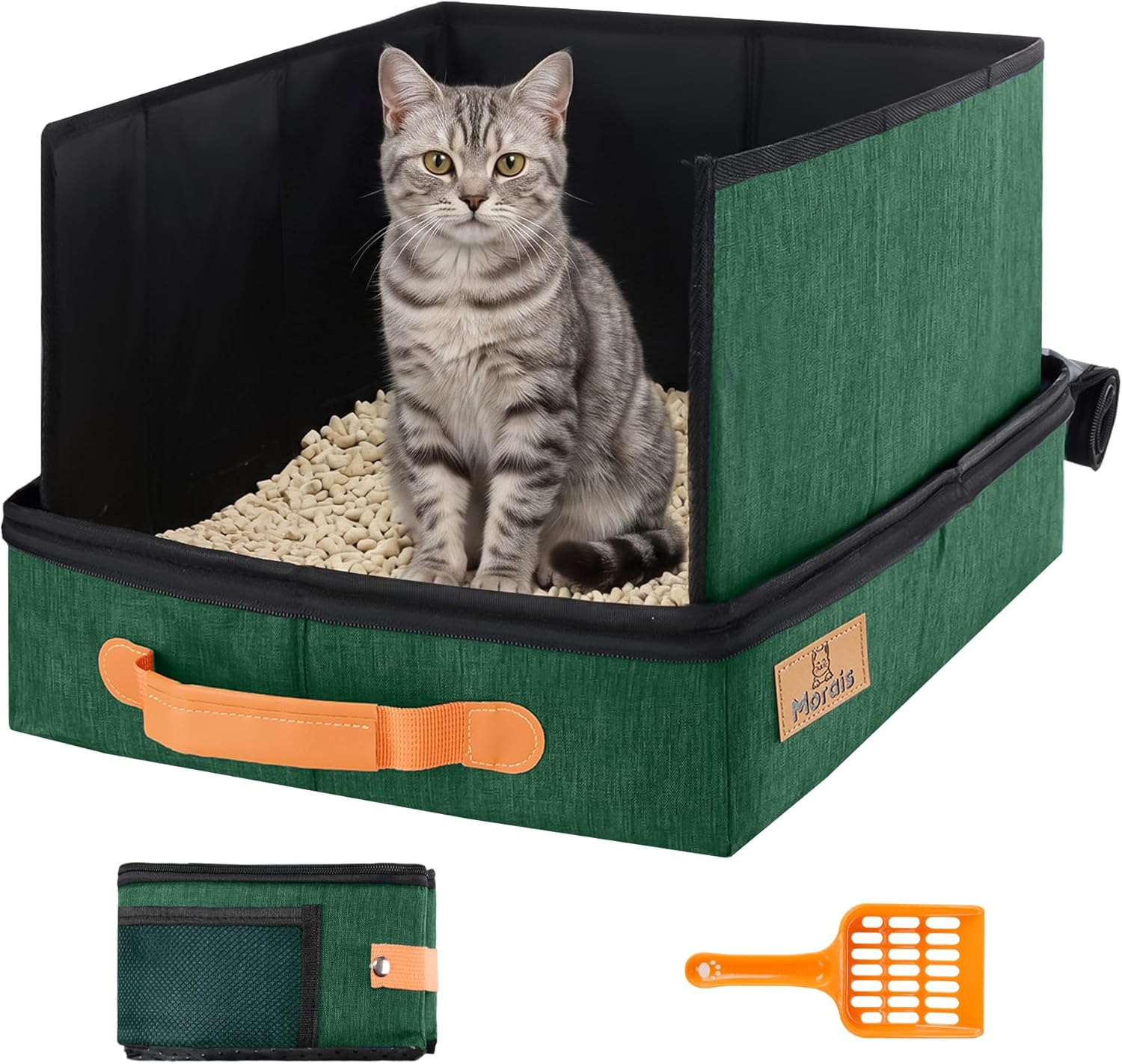 MORAIS Portable Travel Litter Box for Cats, 17.7"×13.5"×11" Collapsible Cat Litter Box with Lid, Leak-Proof Cat Litter Pan for Car Hotel Airplane, Waterproof & Easy to Carry- Green