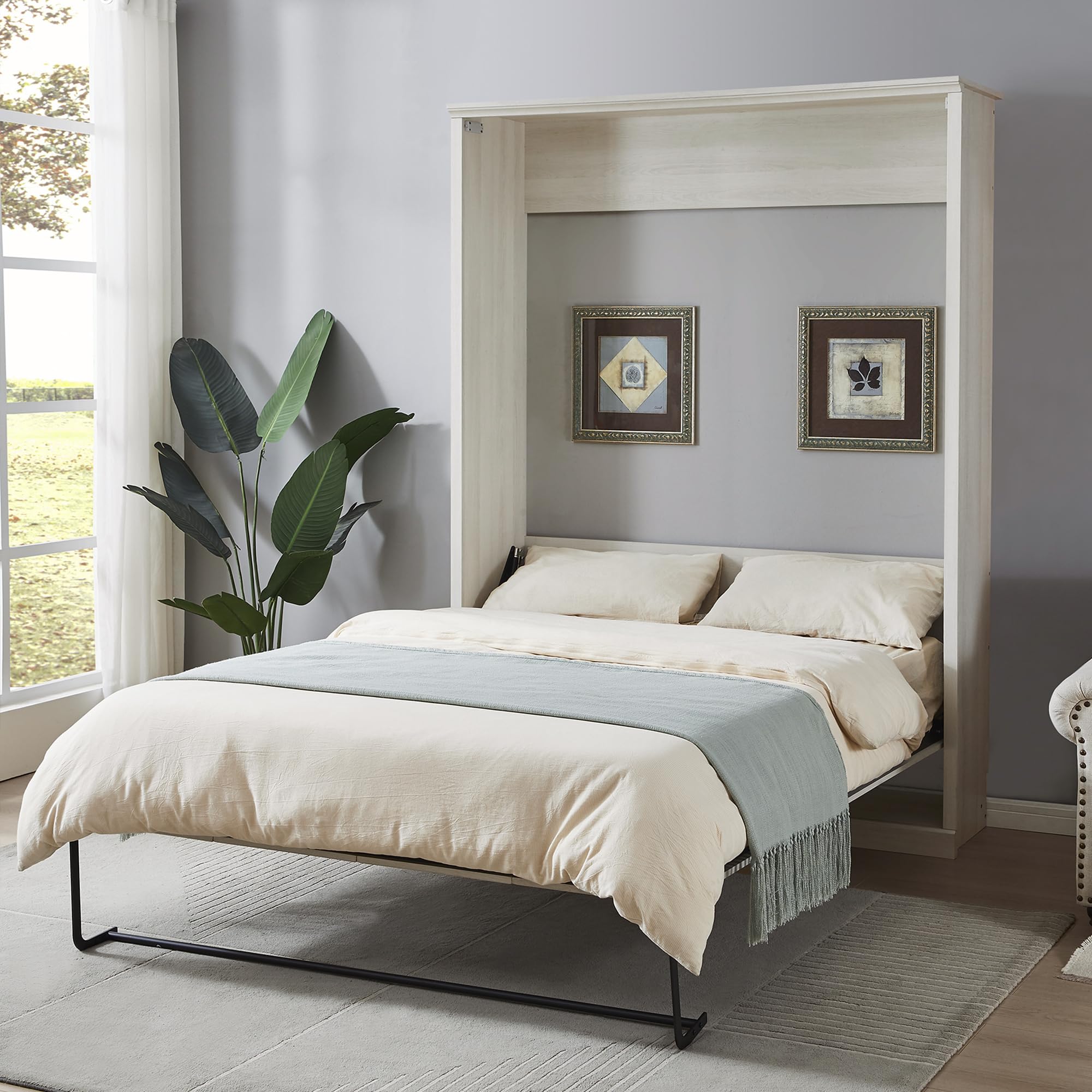 Ball & Cast Murphy Bed Queen Size Wall Cabinet with Self-Close and Open,Wood Folding Hideaway Bed Platform Bedframe w/Slat Support,Space-Saving Furniture for Bedroom,Student Dorms,Office,White