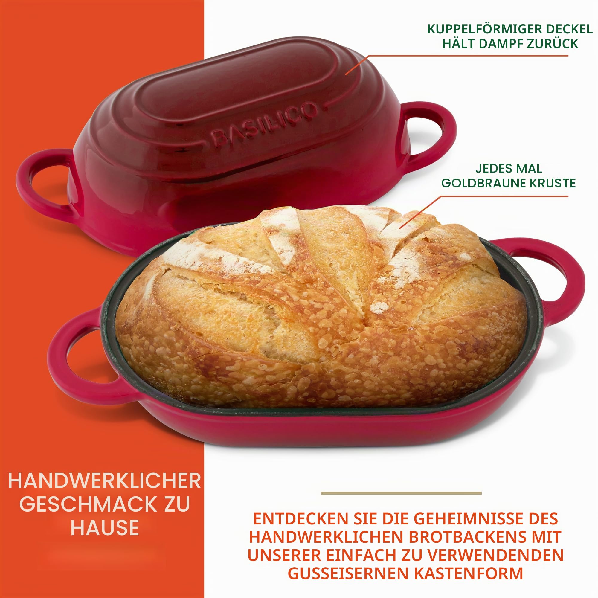 Emaillierter Gusseisen-Brotbackofen (Rot), Antihaft-Einzellaib-Guss-Brotpfanne mit Deckel, Einfacher Selbstgemachter Sauerteig-Dutch Oven mit Deckel, Ofenfeste Handwerker Brotbackform, Gusseisen