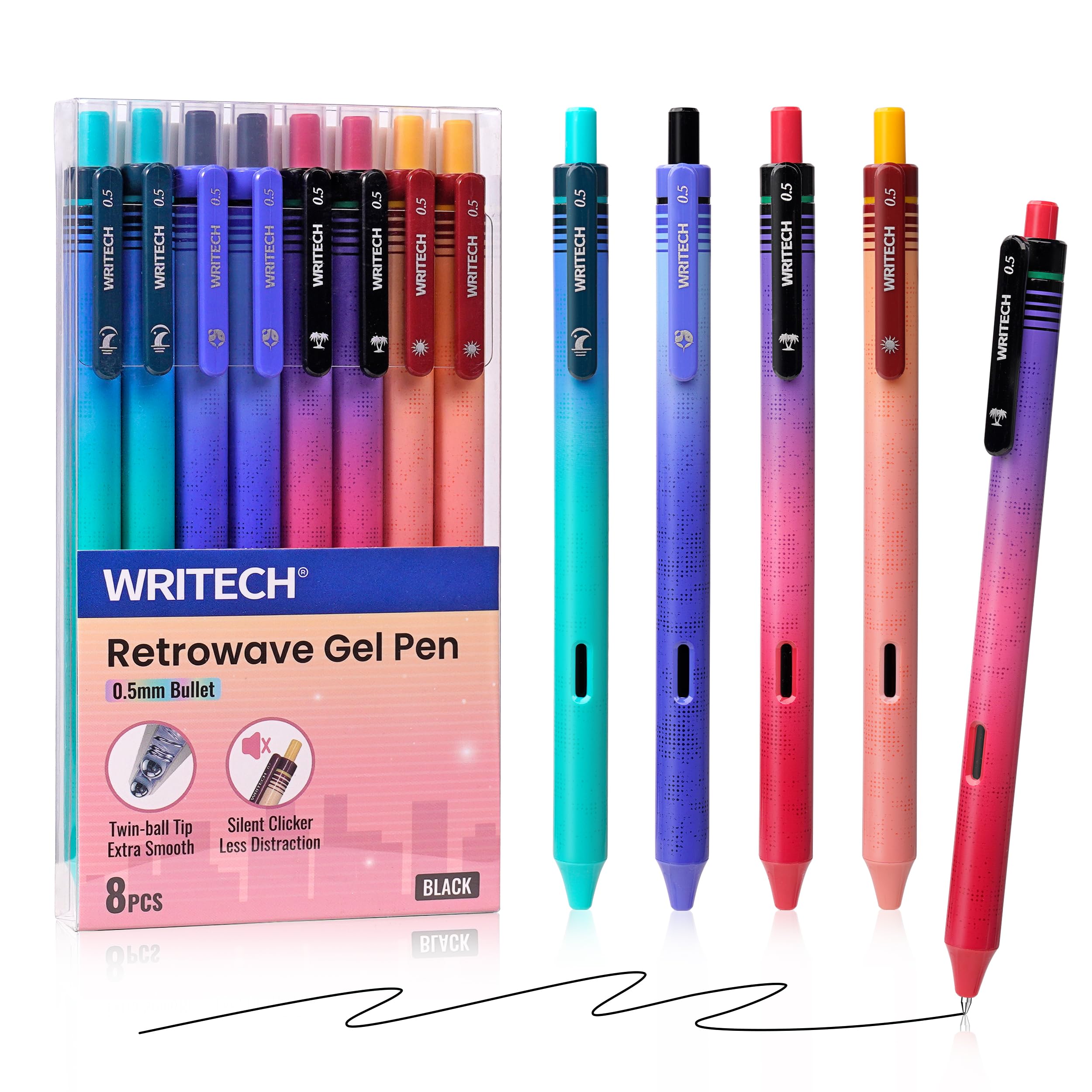 Amazon.com: WRITECH Black Ink Gel Pens: 8-Pack Retrowave 0.5mm