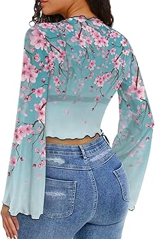 YEXIATODO Almond Flower Shirt Long Bell Sleeve Tops for Women 70s