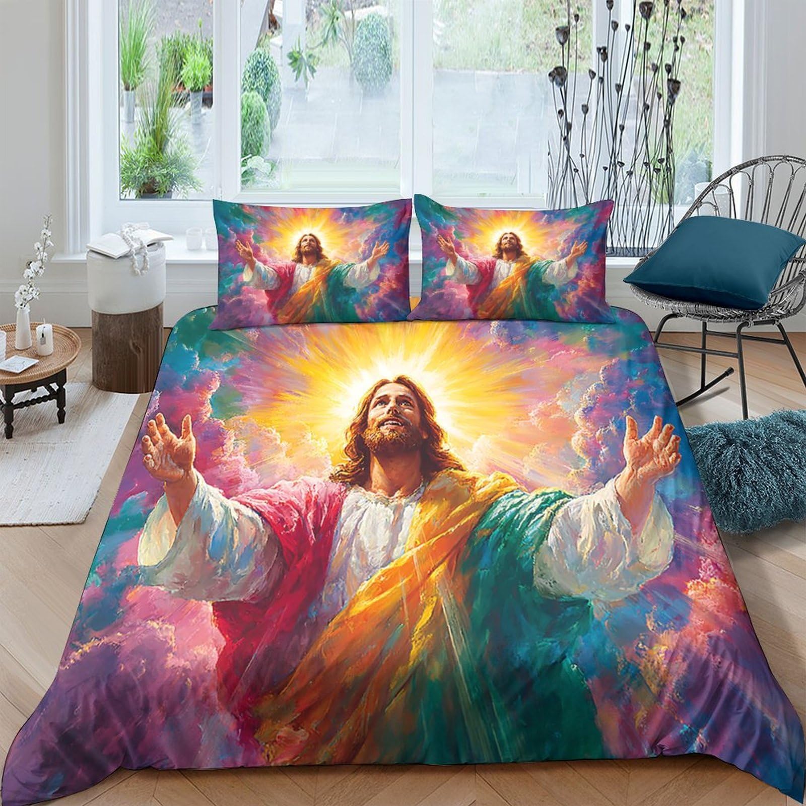 Ctjqhvkz Style-8 3D Printed Jesus Radiant Art Fitted Sheet Microfiber Soft Colorful Religious Mattress Cover Bedroom Home Decor Single（135X200cm）