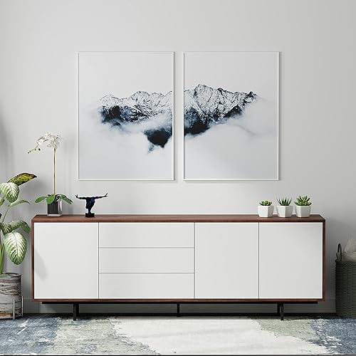 Glenwillow Home Atlas Highboy - Mueble y aparador moderno para TV de 78 x 28 pulgadas, marco de nogal, puerta y cajones blancos, base negra